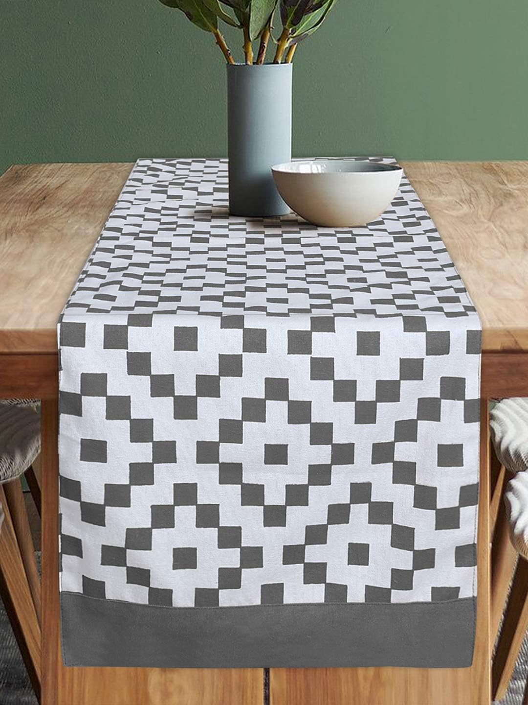 Dekor World Fun with Checks Printed Grey Table Runner (33x180cm) (Pack of 1)-6 Seater Dinning & Center Table