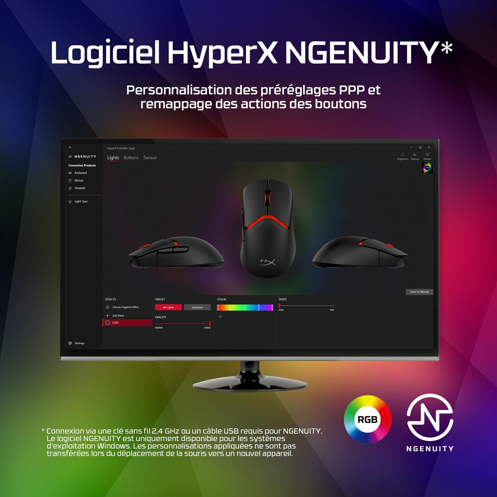 HyperX Pulsefire Saga, Souris Gaming Filaire Ultra-légère modulable de 69g, capteur Optique HyperX 26K jusqu'à 26 000 DPI, taux d'interrogation 8 000 Hz, Cordon Hyperflex 2, RGB, Noir