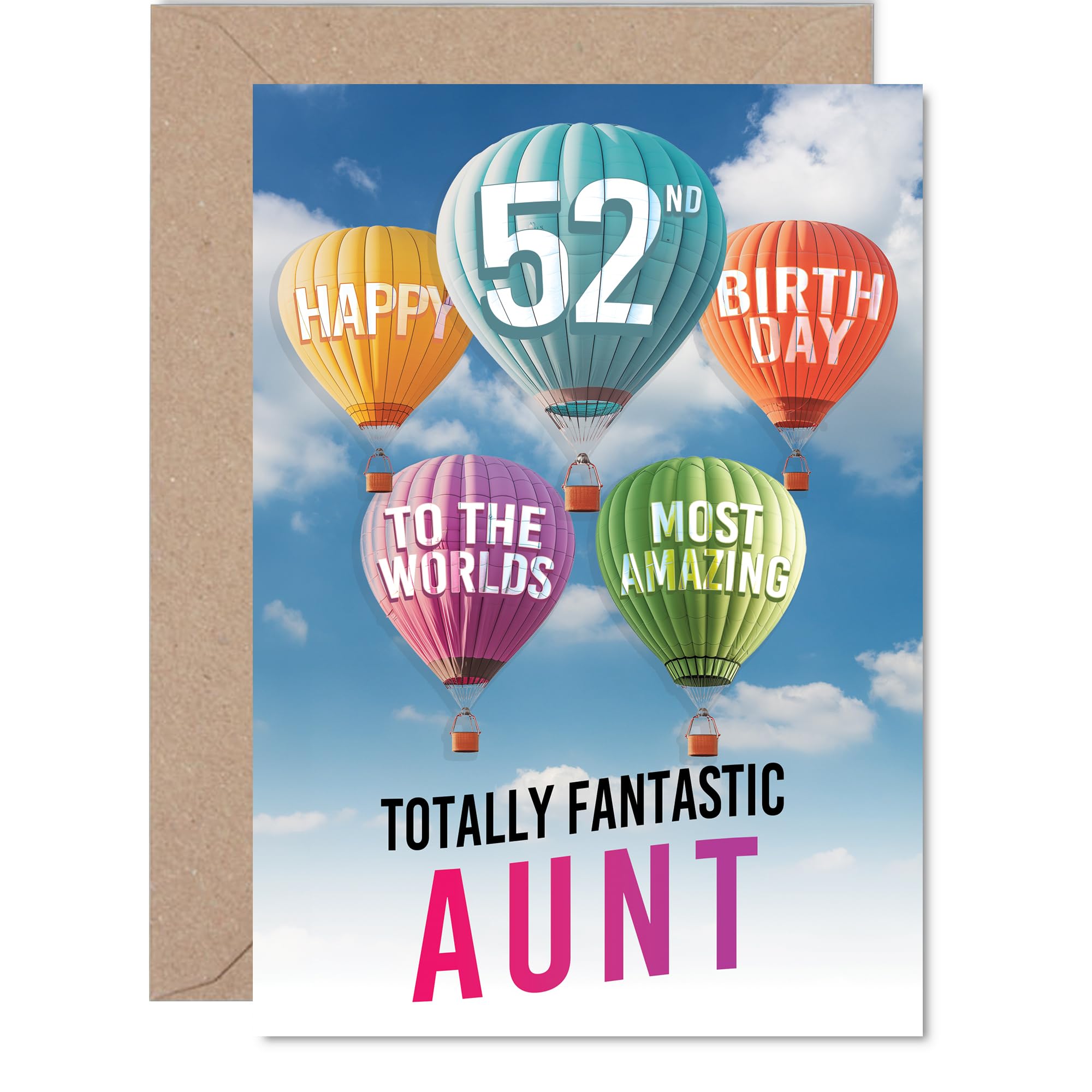 Auntie 52nd Birthday Card - Most Amazing Hot Air Balloon - Happy Birthday Card for 52 Year Old Auntie from Nephew Niece, A5 Balloons Stars Bday Greeting Cards