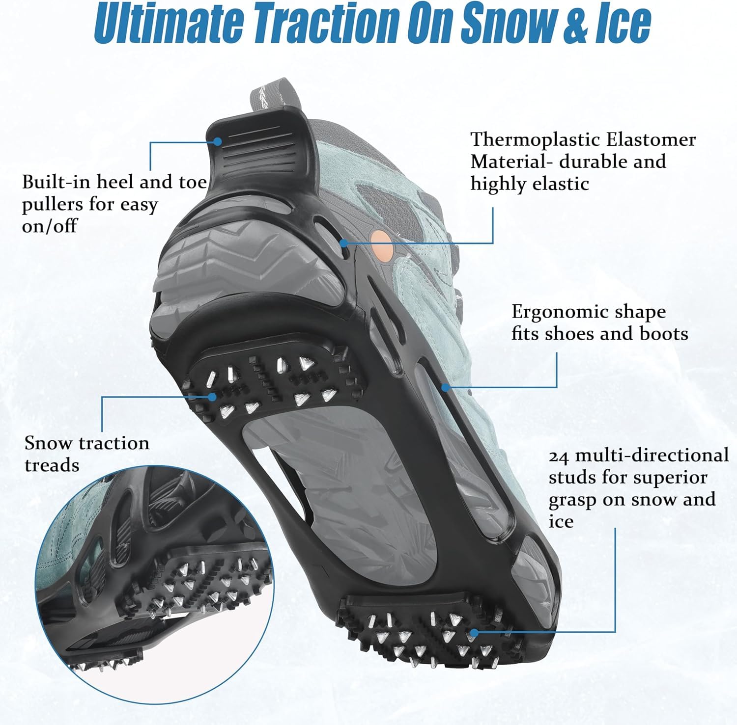 Ramponi per Scarponi 24 Denti Ramponcini da Neve Misure S/M/L/XL Ramponi da Ghiaccio Universali Ramponcini Scarpe Trekking Ice Tacchetti per Camminare, Escursionismo, Alpinismo in Inverno