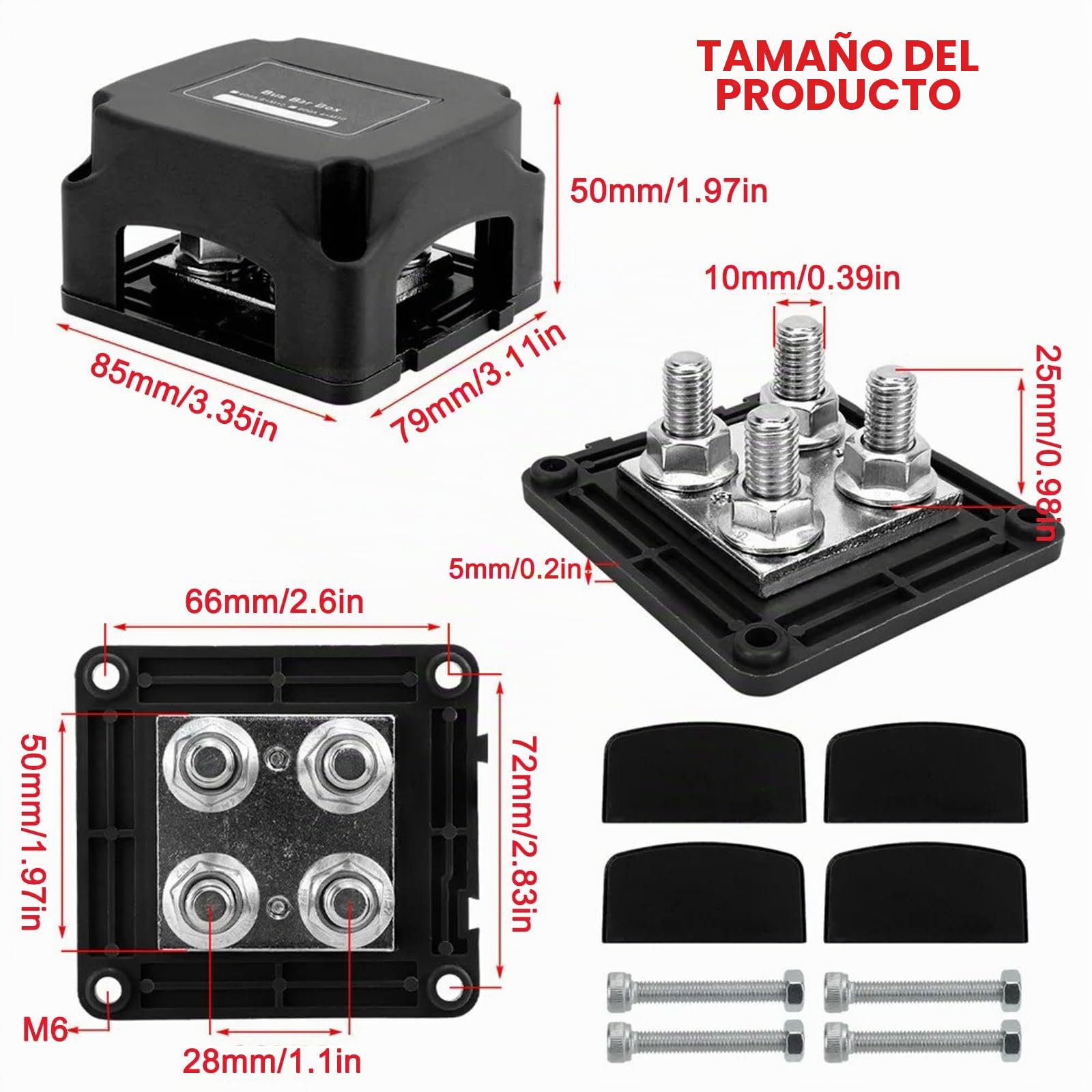 400A Bloques de Distribución de Energía 12V-48V, Caja de Distribución de Barra Colectora, BusBar con 4 Pernos de Terminal M10 para Coche, Camión, RV, Coche, Barco Rojo Negro 2 Piezas