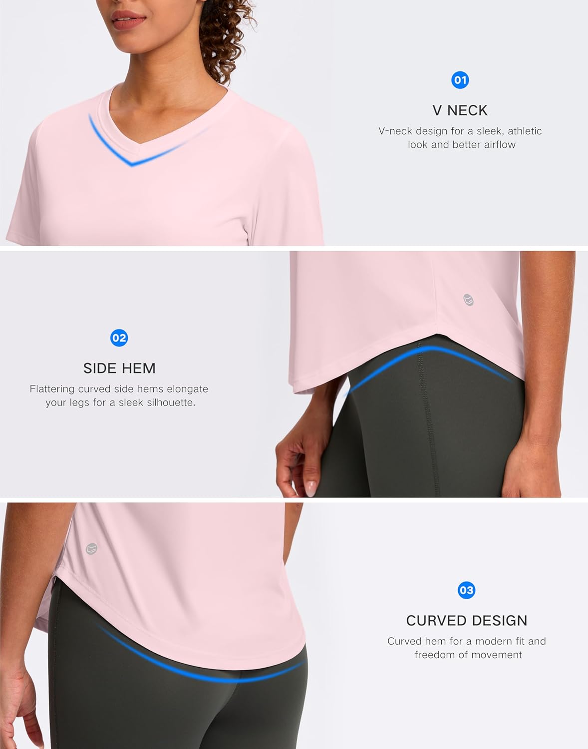 Womens Workout Tops V-Neck Short Sleeve UPF 50+ Sun Shirt Moisture Wicking Quick Dry Top for Gym, Running, Athletic - Image 4