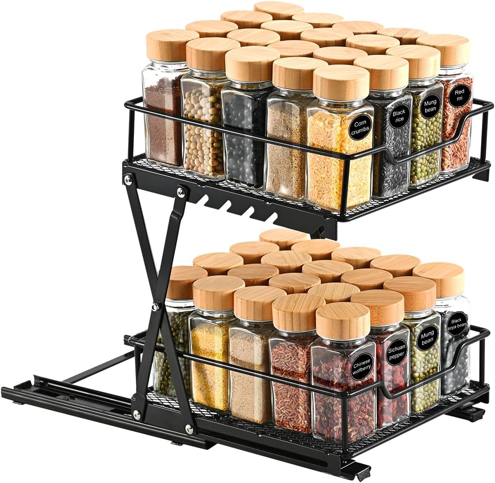 Sliding Spice Rack Organizer for Cabinet, 2-Tier Spice Cabinet Pull Out Rack, Adjustable Height Kitchen Sliding Racks for Cabinets, 6.2”-11.8”H × 8.2”W x 9.8”D