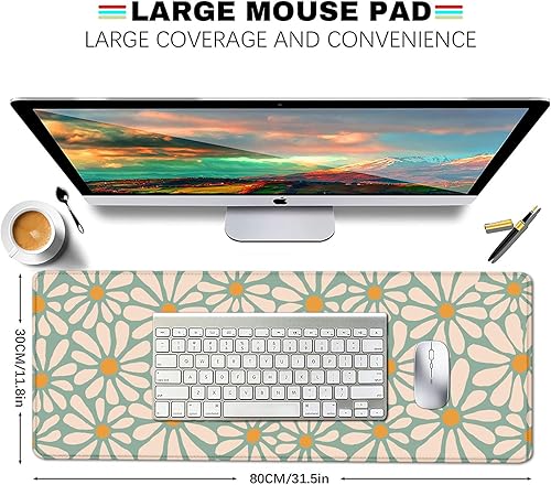 Miniatura 2 de Alfombrilla de escritorio de flores de margarita verde, alfombrilla de mouse grande bohemia, bonita alfombrilla de mouse para computadora con base