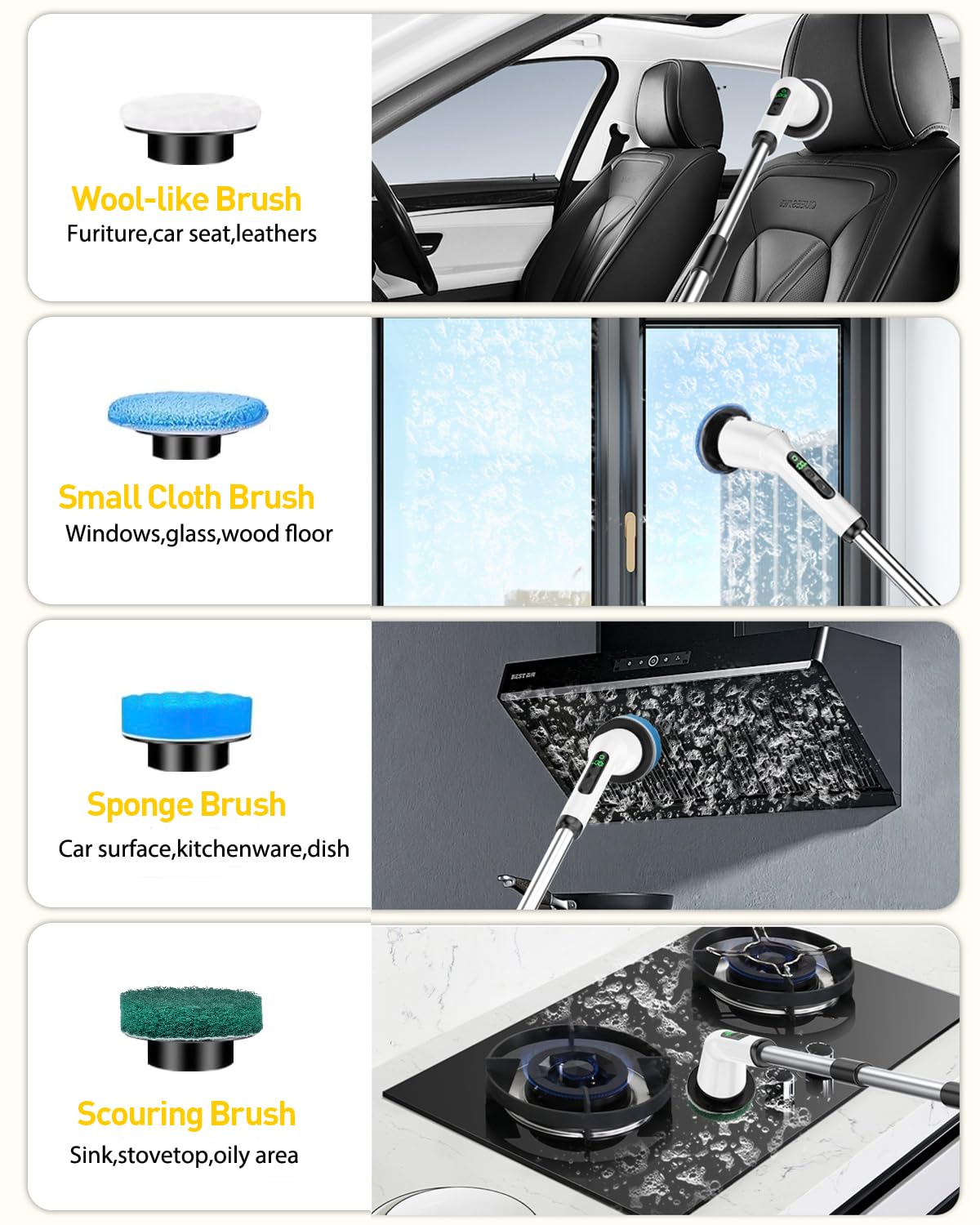 Limpiador de ducha con mango largo, cepillo limpiador de ducha con 8 almohadillas para máquina de piso, limpiador giratorio eléctrico inalámbrico para limpieza con 2 velocidades, suministros de