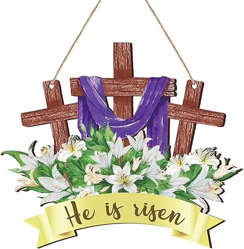 Letrero de puerta con texto en inglés He Is Risen religioso de Pascua decoración colgante de madera de Jesús para casa de campo puerta delantera