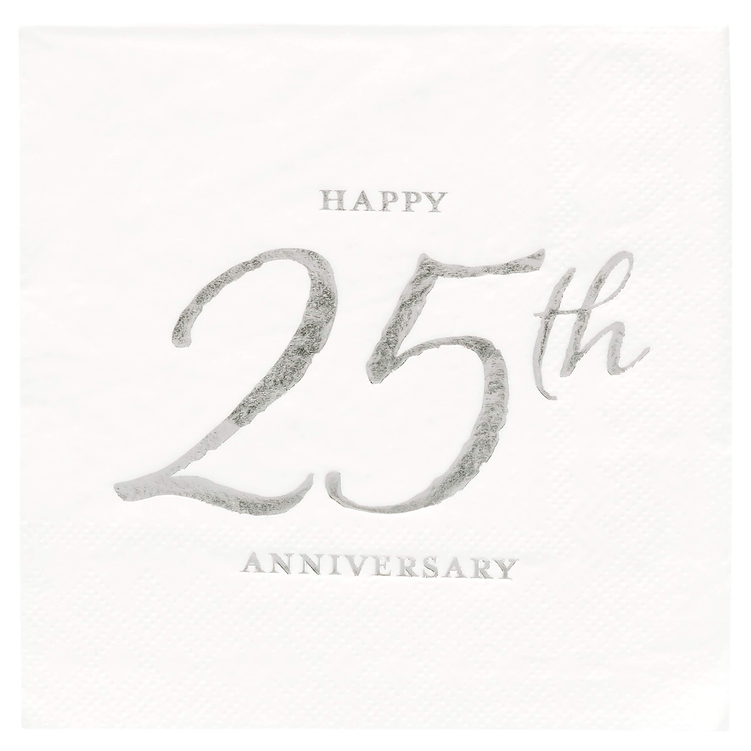 C.R. Gibson X&O Paper Goods White and Silver 'Happy 25th Anniversary' Beverage and Cocktail Napkins, 5.5'' W x 5.5'' L, 20pc
