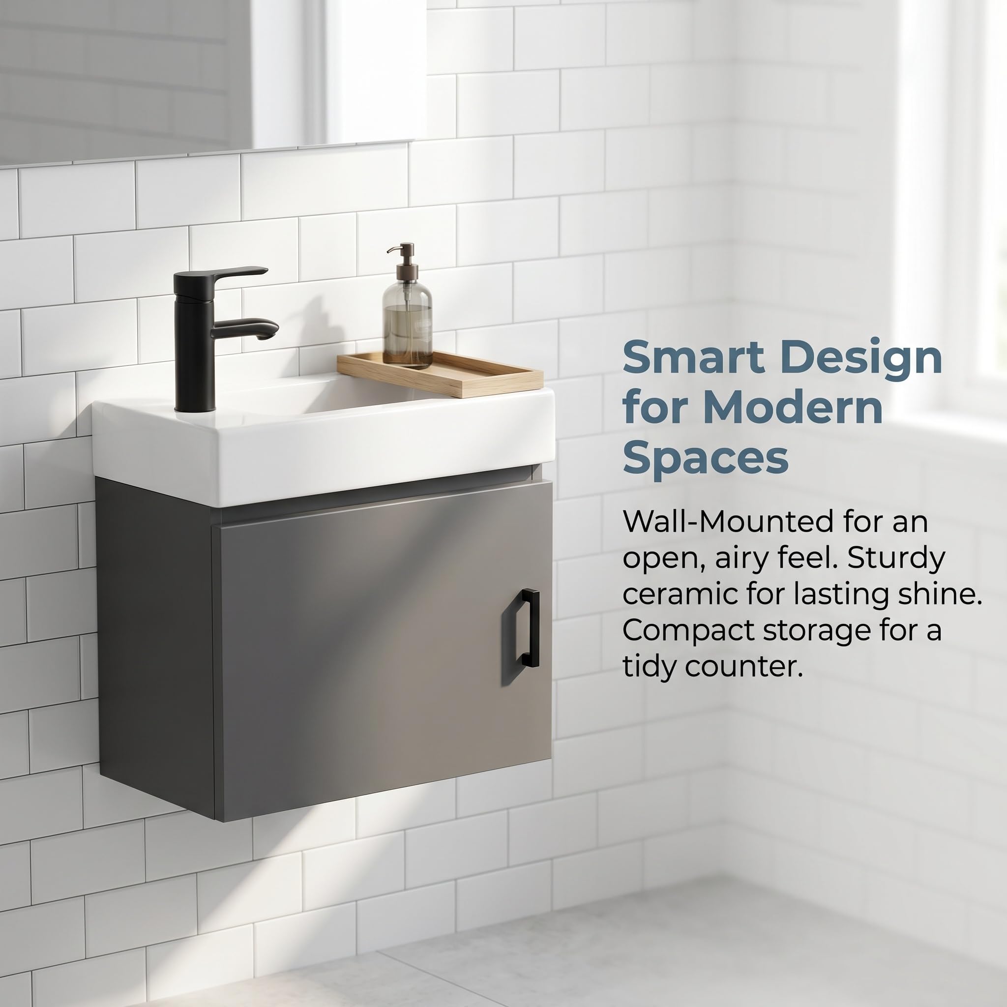 Combo de lavabo de baño de montaje en pared, gabinete de baño flotante de 16.9 pulgadas con lavabo de cerámica integrado, moderno juego de tocador de una sola puerta con grifo negro mate y accesorios