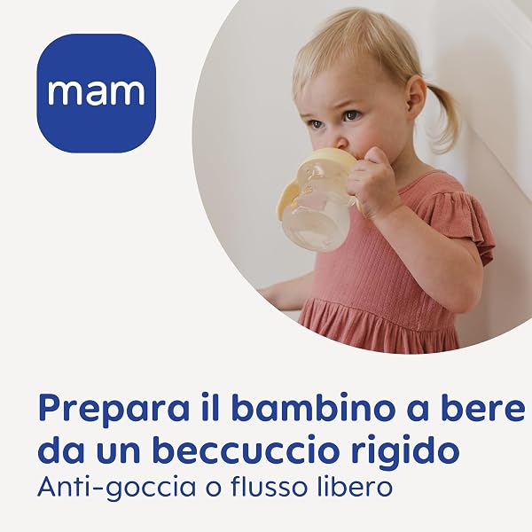 MAM Learn to Drink Cup Tazza bambini 190 ml, Biberon acqua e latte per neonati 6+ mesi con beccuccio anti-goccia e valvola per flusso libero, Borraccia neonato con pratici manici antiscivolo, Azzurro - 2