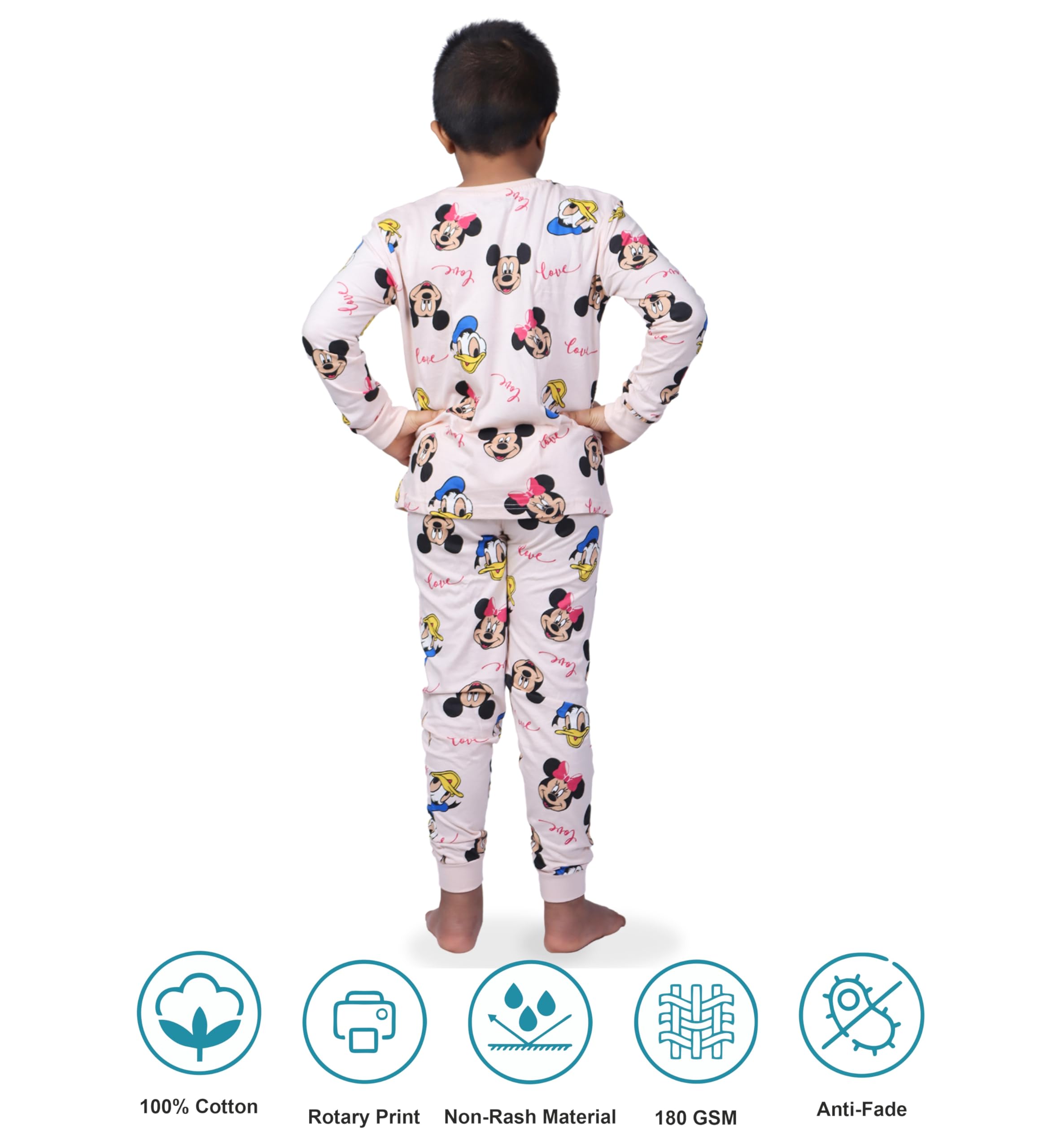 Hestia | Kids Boys Nightwear | Sleepwear | Cotton | Trouser Full Sleeves Tshirt | Elastic Waist | Night Dress with Pyjama Tshirts for Boys | Mickiy Minniee Printed | Peach Color 10-12Yrs |Set 1 - Image 5 thumbnail
