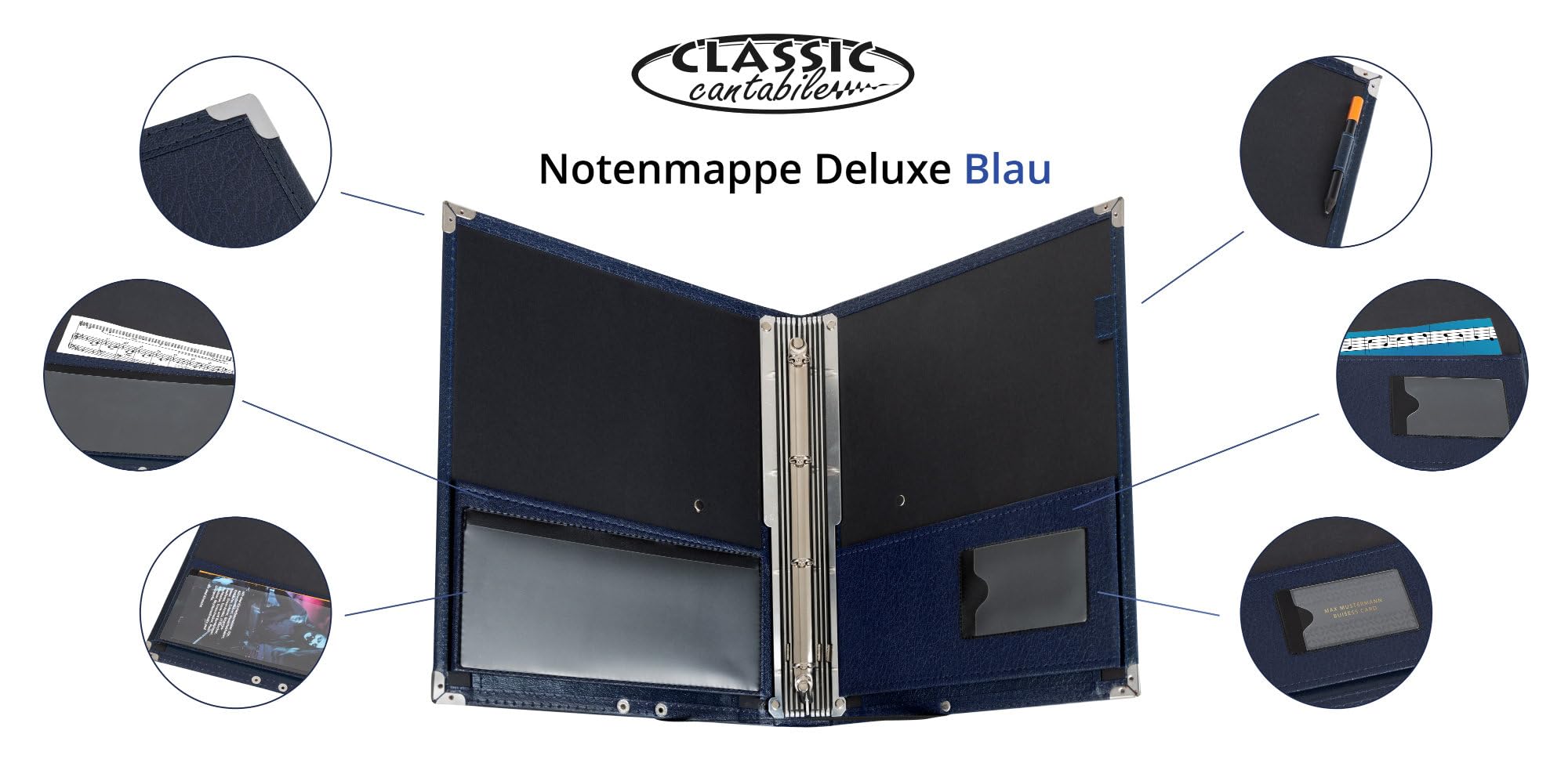 Classic Cantabile Carpeta de Partituras Deluxe Azul Set de 10, 335 x 280 mm | Carpeta de partituras de lujo, 335 x 280 mm, Altura de llenado aprox. 2 cm, Cuero sintético azul, 110° o completamente)