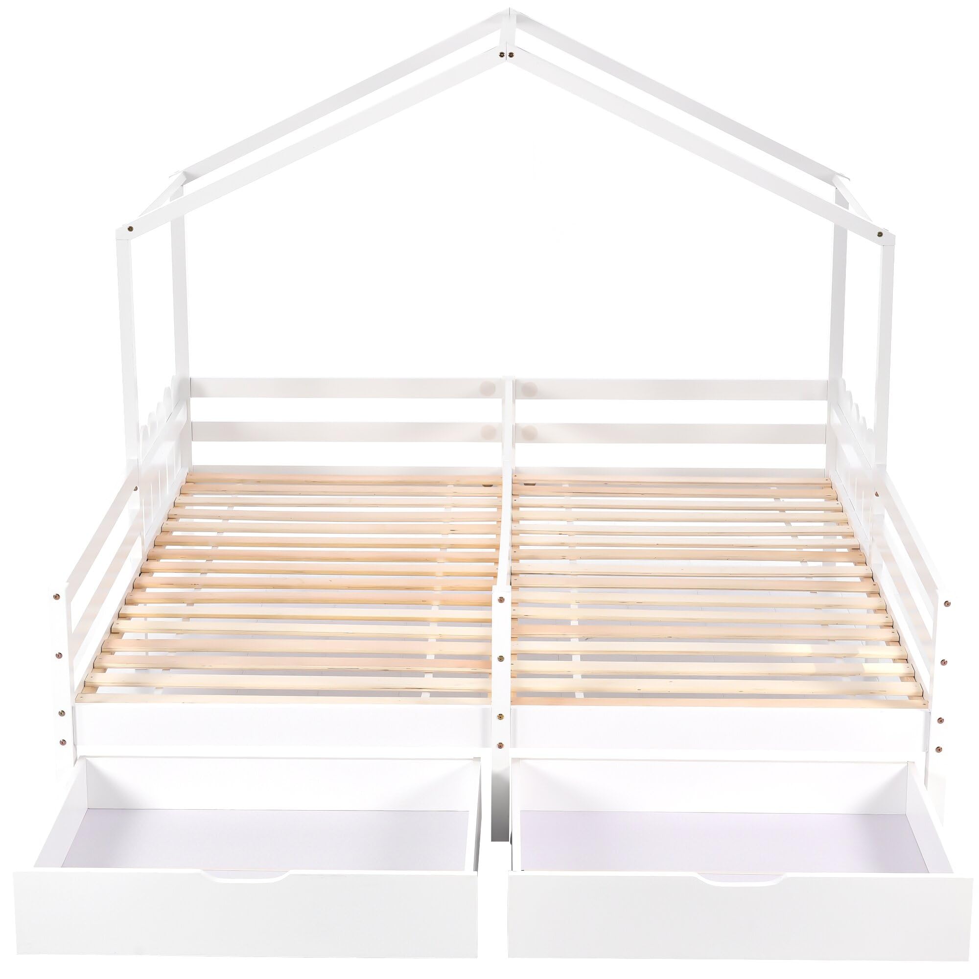 TIZZ Cama infantil, cama doble, cuna con 2 cajones de MDF, cajones con ruedas, somier de láminas de pino, blanco (90 x 200 cm)
