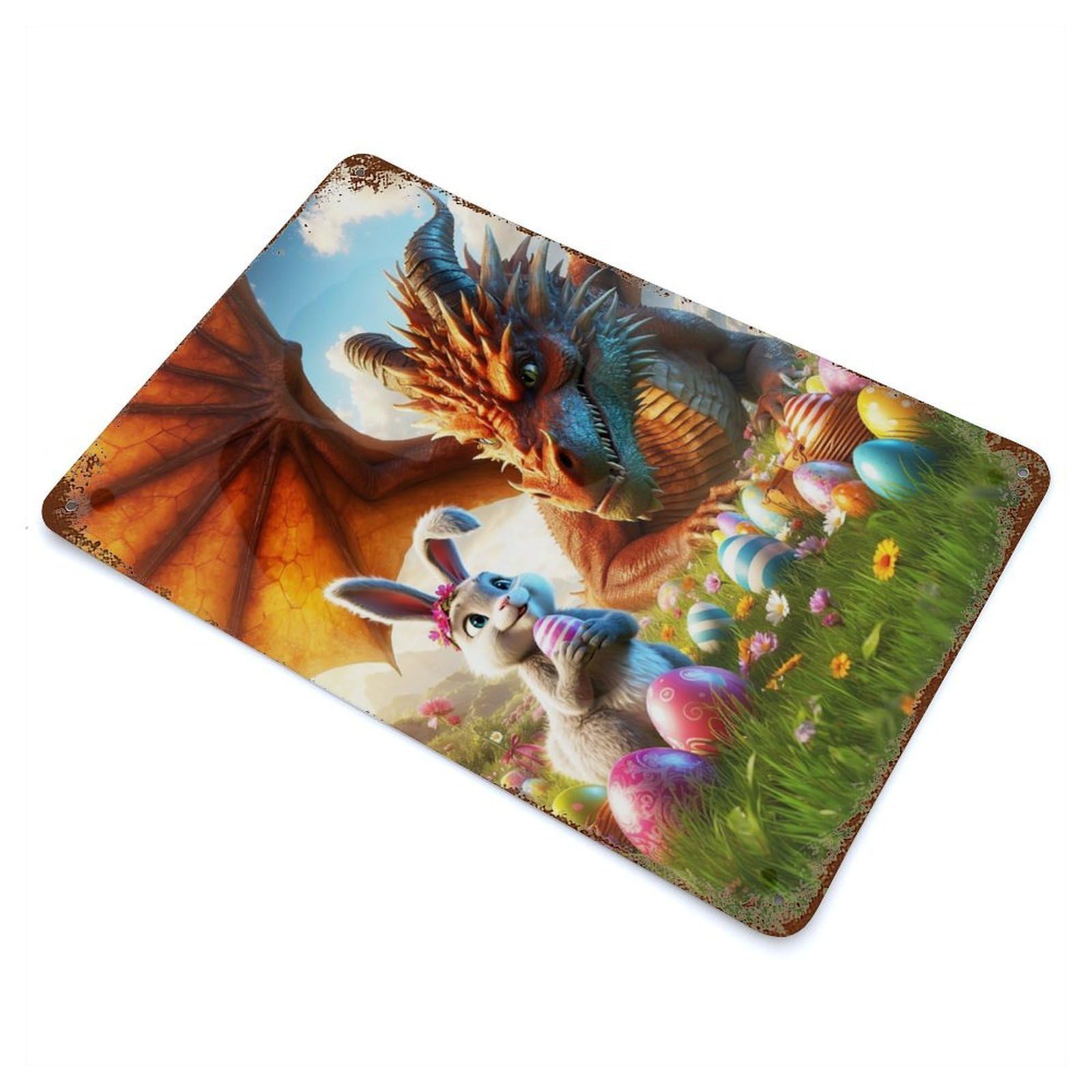 Dragons Easter Encounter 11.8"x7.9" Aged Metal Wall Plaque, Retro Wall Decor for Farmhouse, Kitchen And Entryway Decor