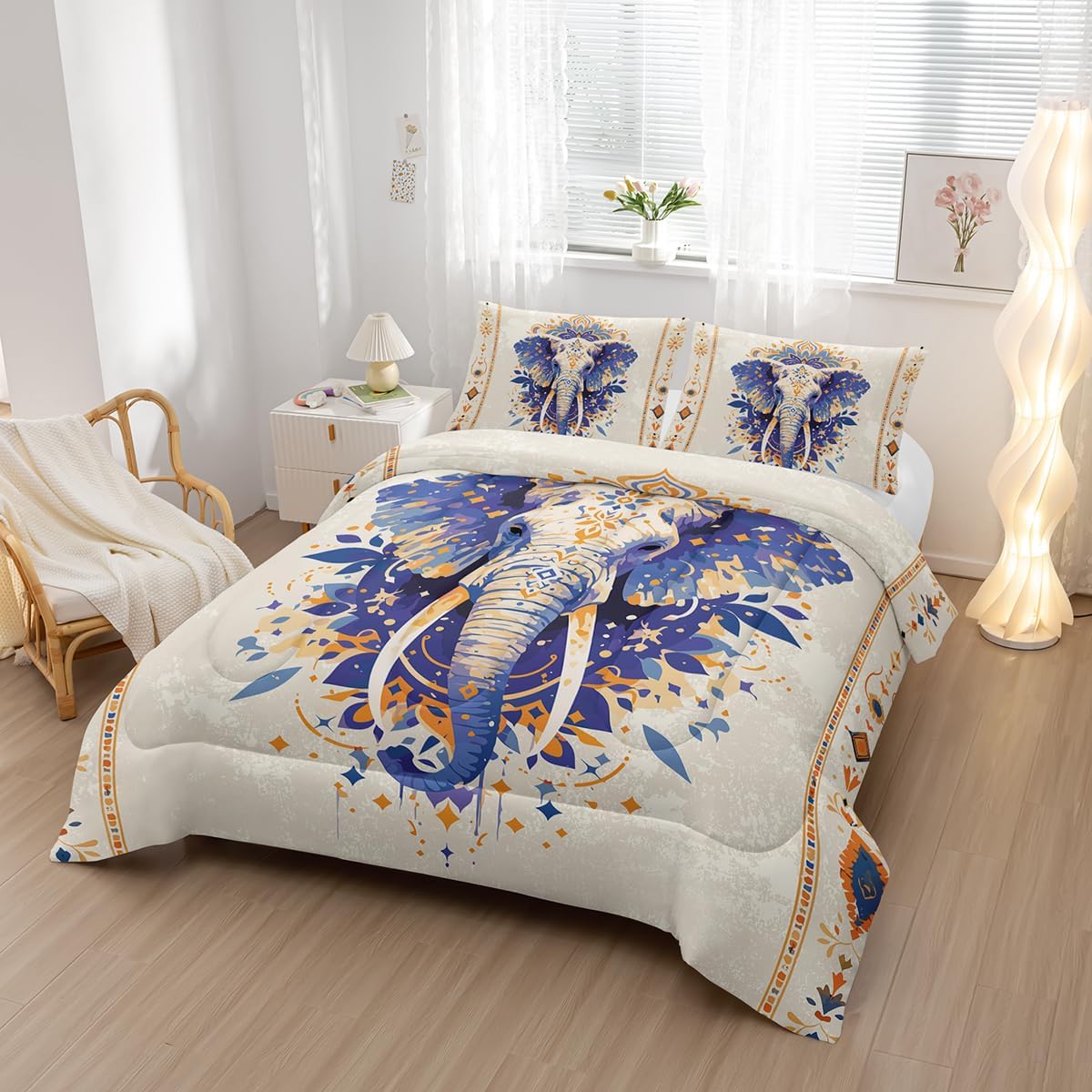 Nttopship Ethnic Elephant Comforter Bedding Set with 2 Pillowcase Queen Size Wild Animals Comforter Set for Kids Boys Girls Bedroom Decor
