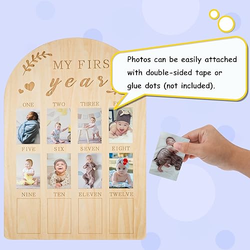 Miniatura 4 de NQEUEPN Marco de fotos para bebé, tablero de hitos para bebé de primer año, pantalla de fotos de madera, marco de fotos personalizado de 12 meses,