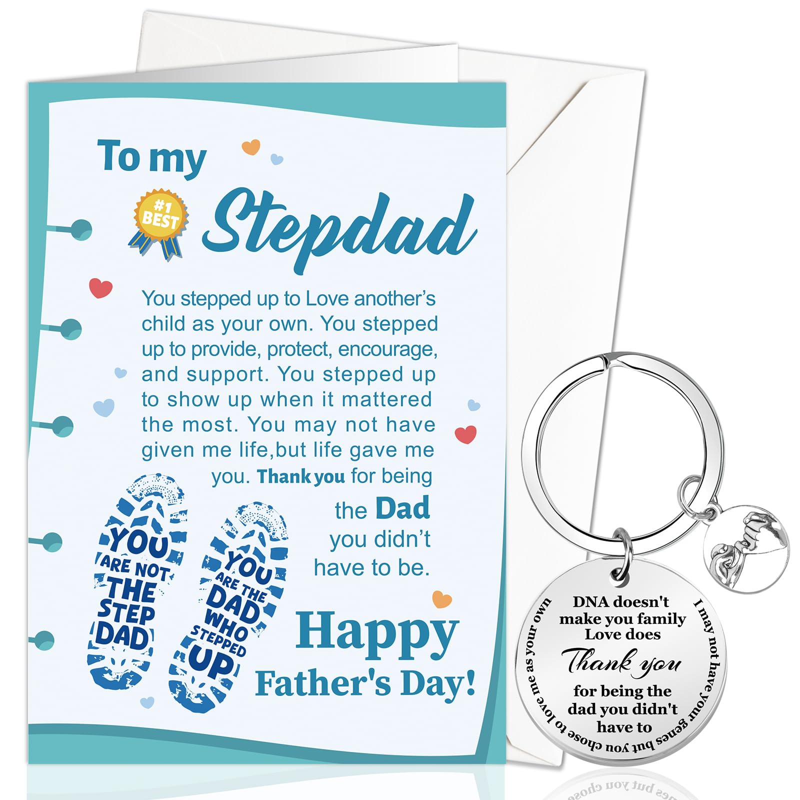 DPKOW Step Dad Fathers Day Card, Father's Day Gifts from Daughter Son, Step Dad Gifts Fathers DAY Keyring Keychain Daddy Greeting Card with Envelope, Stepdad Christmas Birthday Gifts