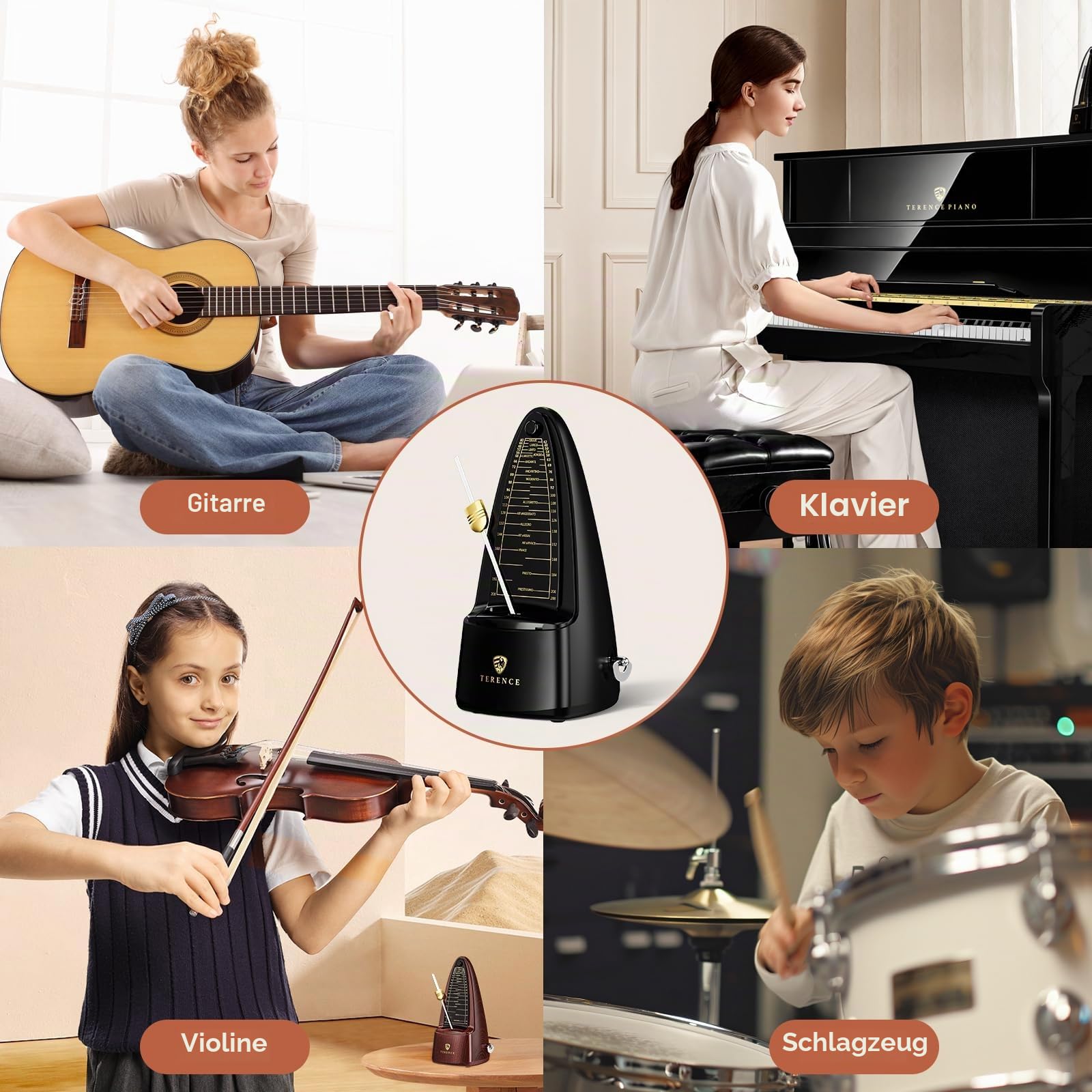 TERENCE Metronom Hochpräzises mechanisches Metronom mit akzentuierter Glocke, genaue Zeit, langlebig für Klavier, Violine, Batterie, Bass, Gitarre, als Geschenk geeignet, schwarz