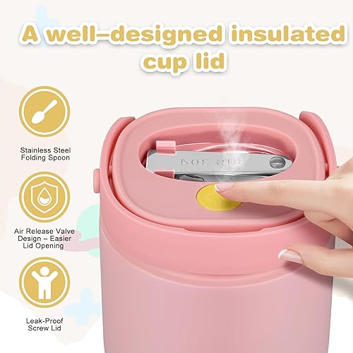 Miniatura 4 de 2 en 1 Termo de sopa para alimentos calientes de 14 onzas con contenedor de snacks, contenedor de almuerzo aislado a prueba de fugas para niños y