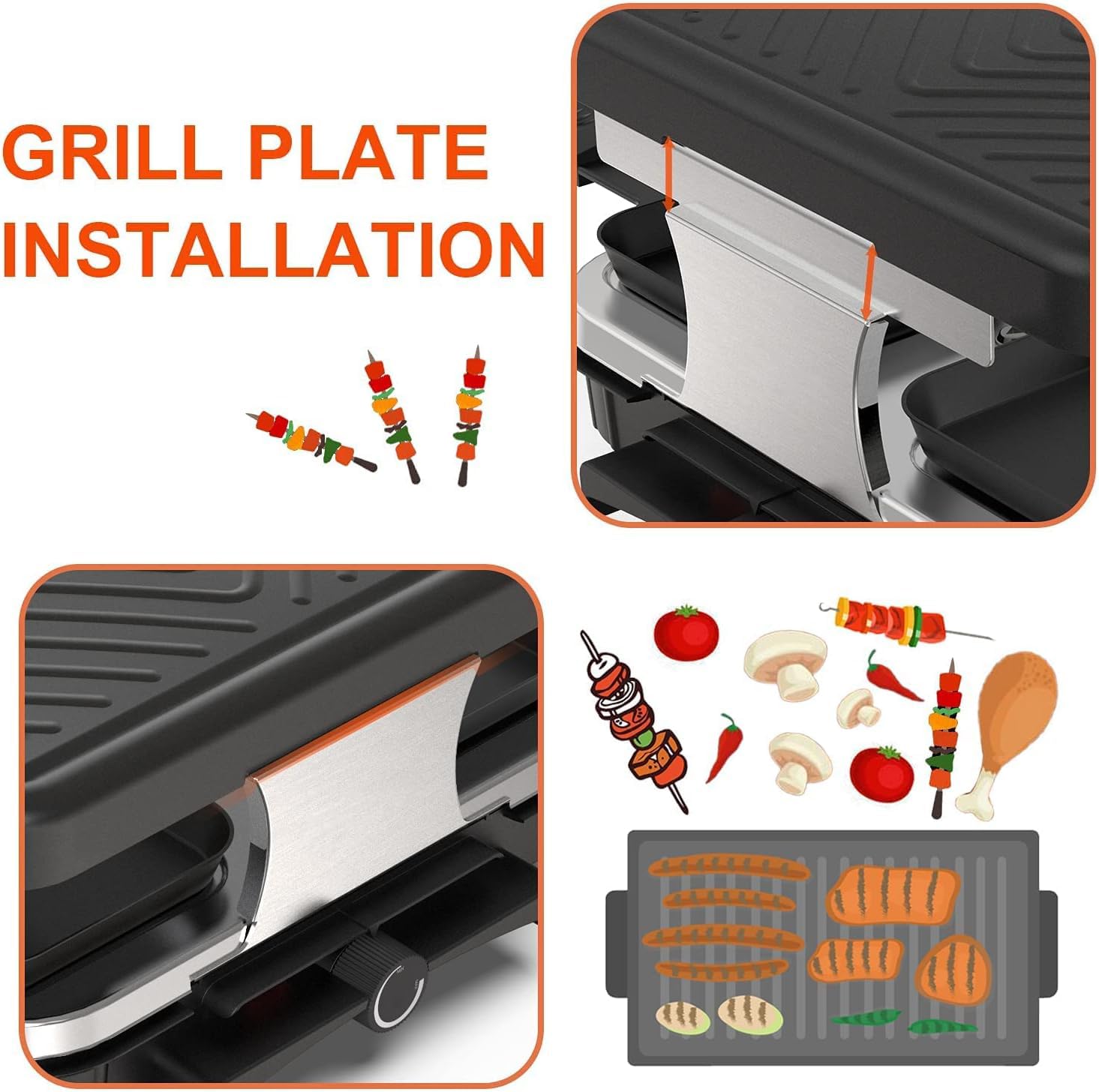 HengBO Griglia per raclette per 8 persone con 8 padellineantiaderenti, piastra grill regolabile senza scatti, elettrica, 1300W, in acciaio inossidabile, nero