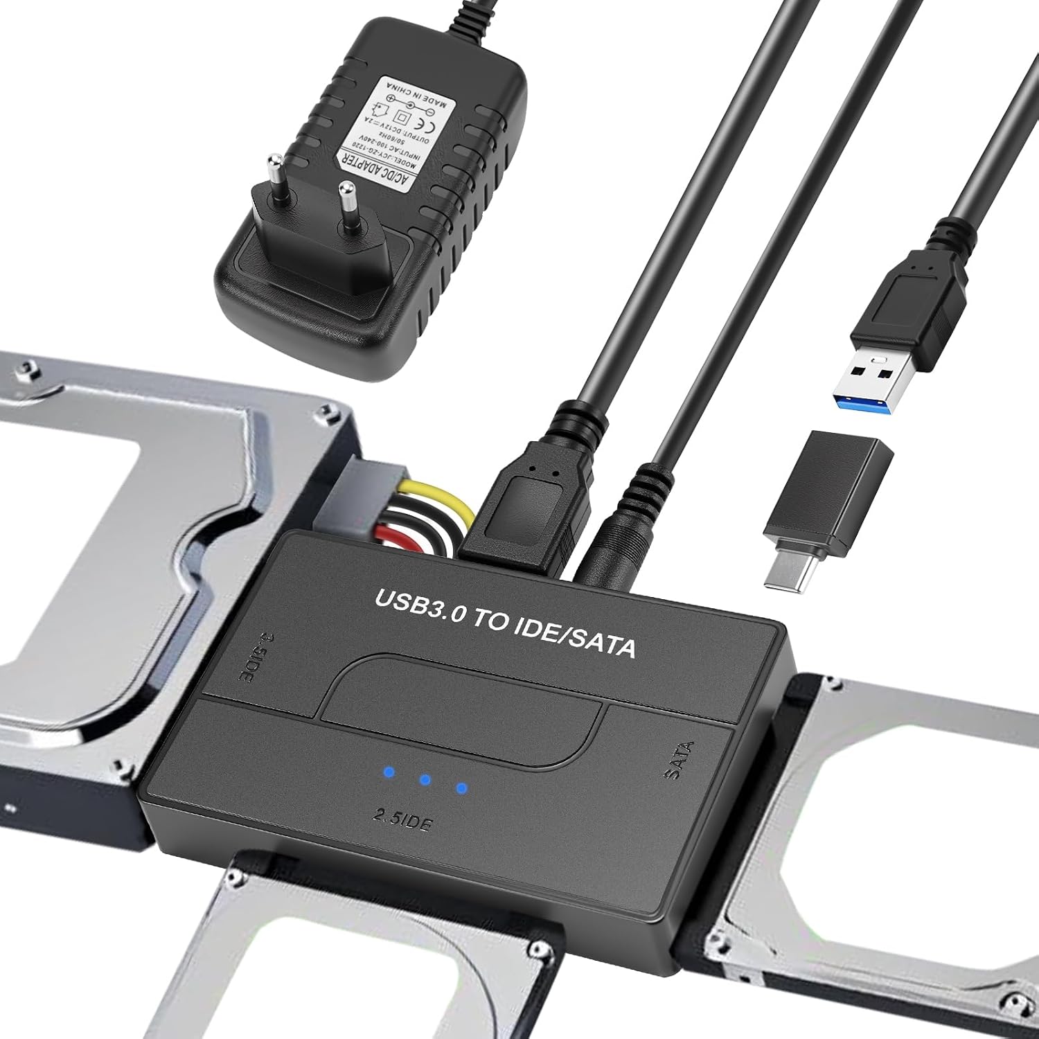 USB 3.0 to IDE/SATA Hard Drive Adapter for 2.5/3.5 Inch HDD/SSD 5Gbps USB SATA Adapter Converter IdeUSB Adapter for Windows 11/10/8/7/XP/Vista with SATA Cable USB Cable 12V/2A Power Supply