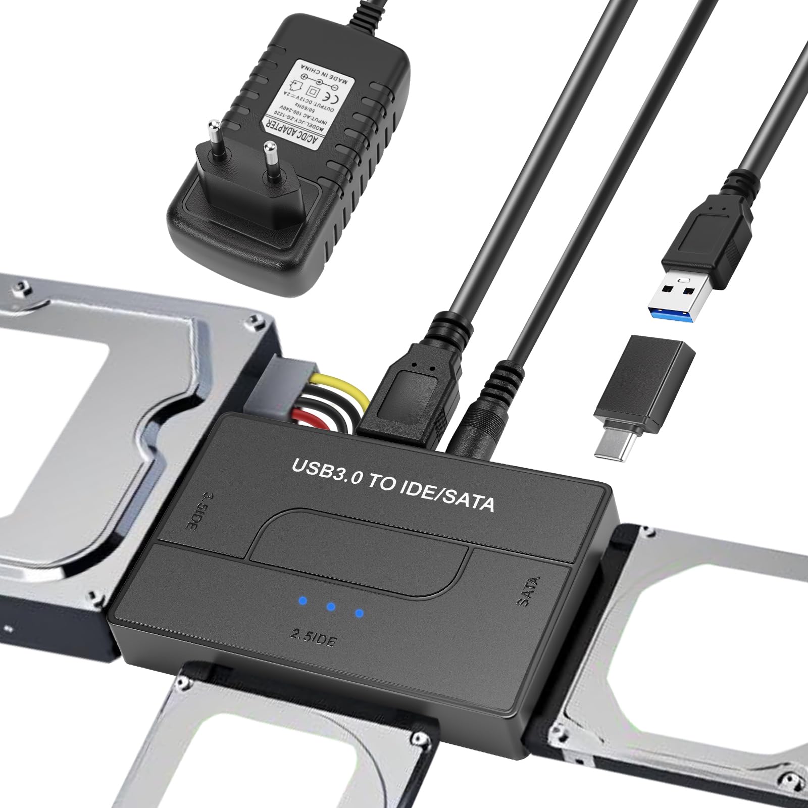 5Gbps IDE Adaptateur Disque Dur USB 3.0 pour 2.5"/ 3.5" HDD/SSD, Convertisseur SATA et IDEAdaptateur de Disque Dur IDE/SATA pour Windows avec Câble USB/Alimentation 12V 2A/SATACâble
