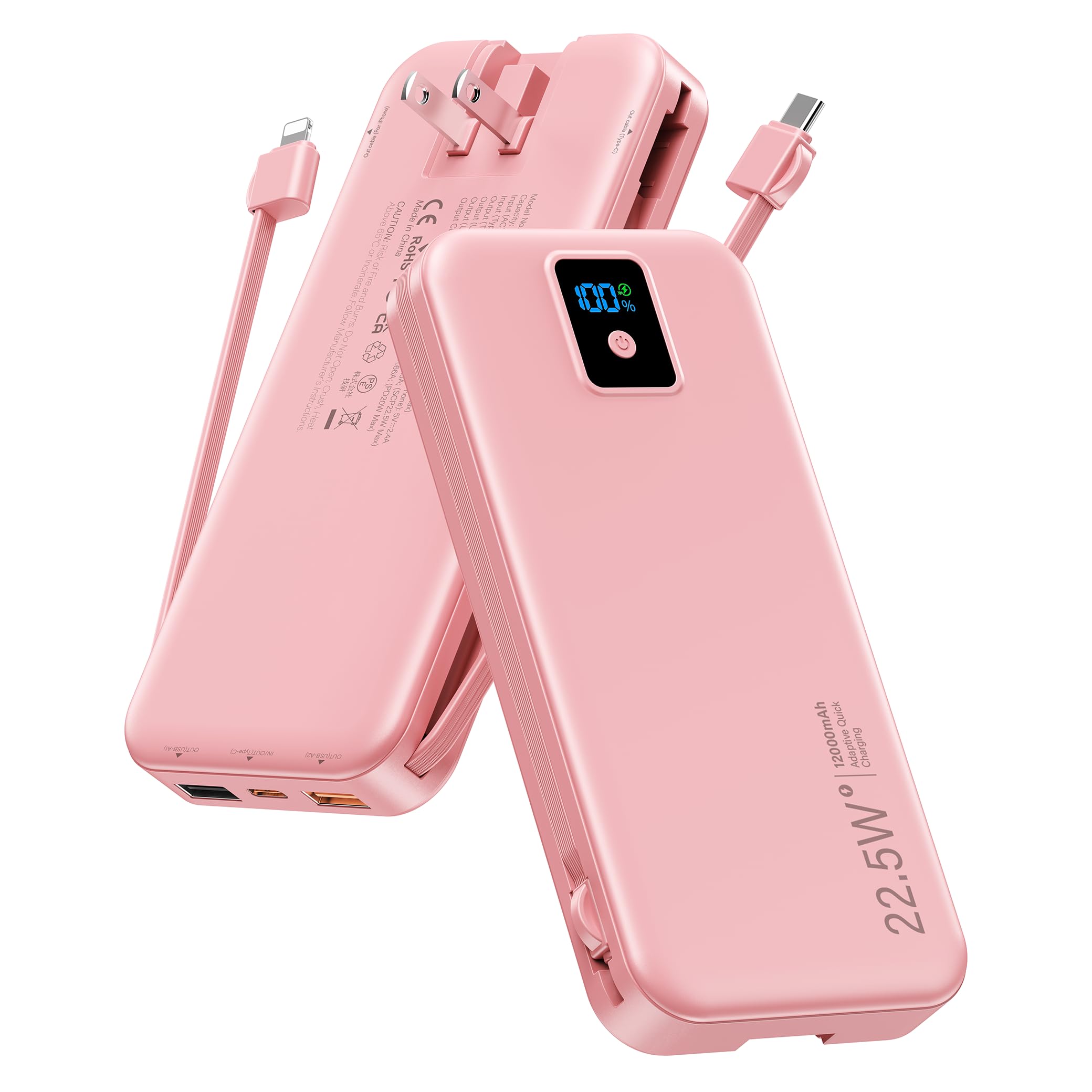 Portable Charger 12000mAh 22 5W Fast Charging Power Bank with Built-in Cables Wall Plug Travel Essentials Battery Pack