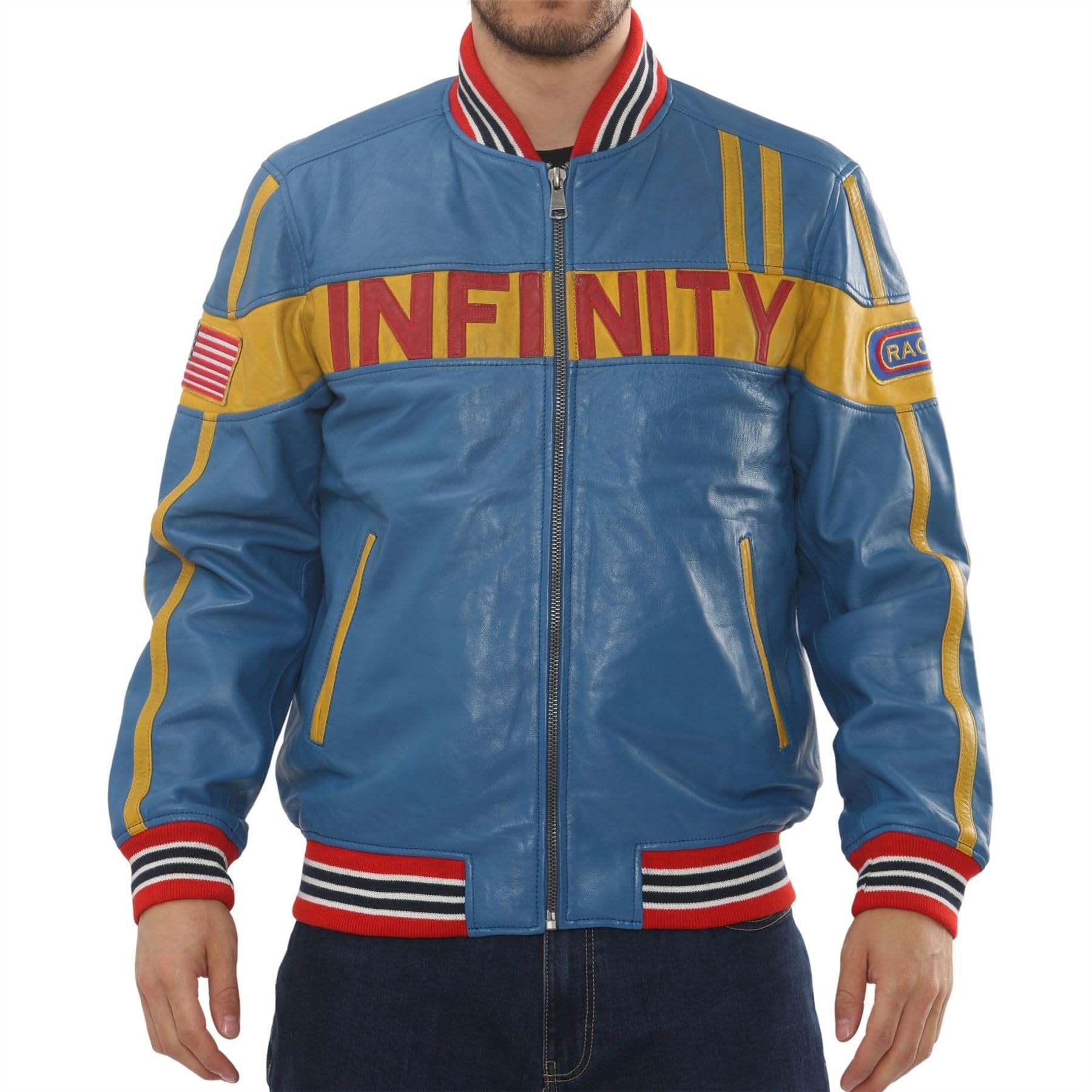 TruClothing Men's Blue Motorcycle Jacket Real Leather Biker Bomber with American Flag Patch Racing Style Coat - Blue 5XL