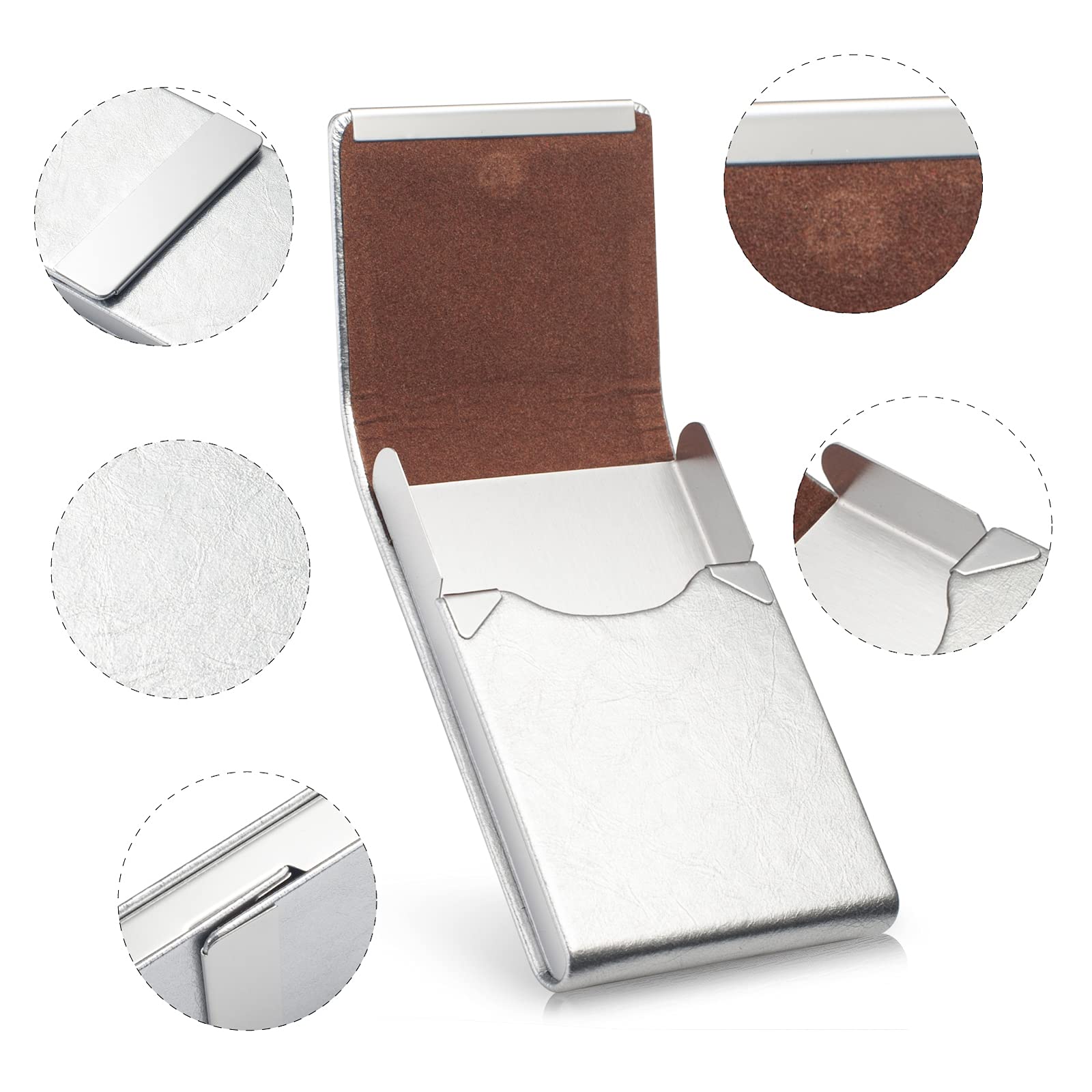 Visitenkartenhalter, Luxus Mikrofaser Leder Visitenkartenetui, Metall Kartenhalter Tasche, Slim Namenskartenhalter, Visitenkartenhalter Brieftasche für Damen & Herren mit Magnetverschluss (Silber)
