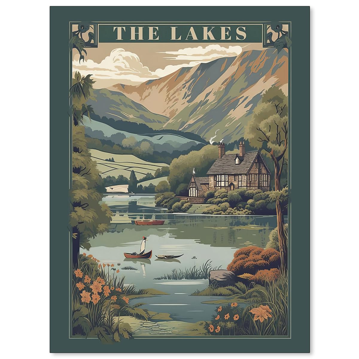 Jefuzh The Lakes Wall Art Vintage Nature Landscape Poster Retro Green Cottagecore Scenery Painting Canvas Prints for Living Room Bedroom Wall Decor
