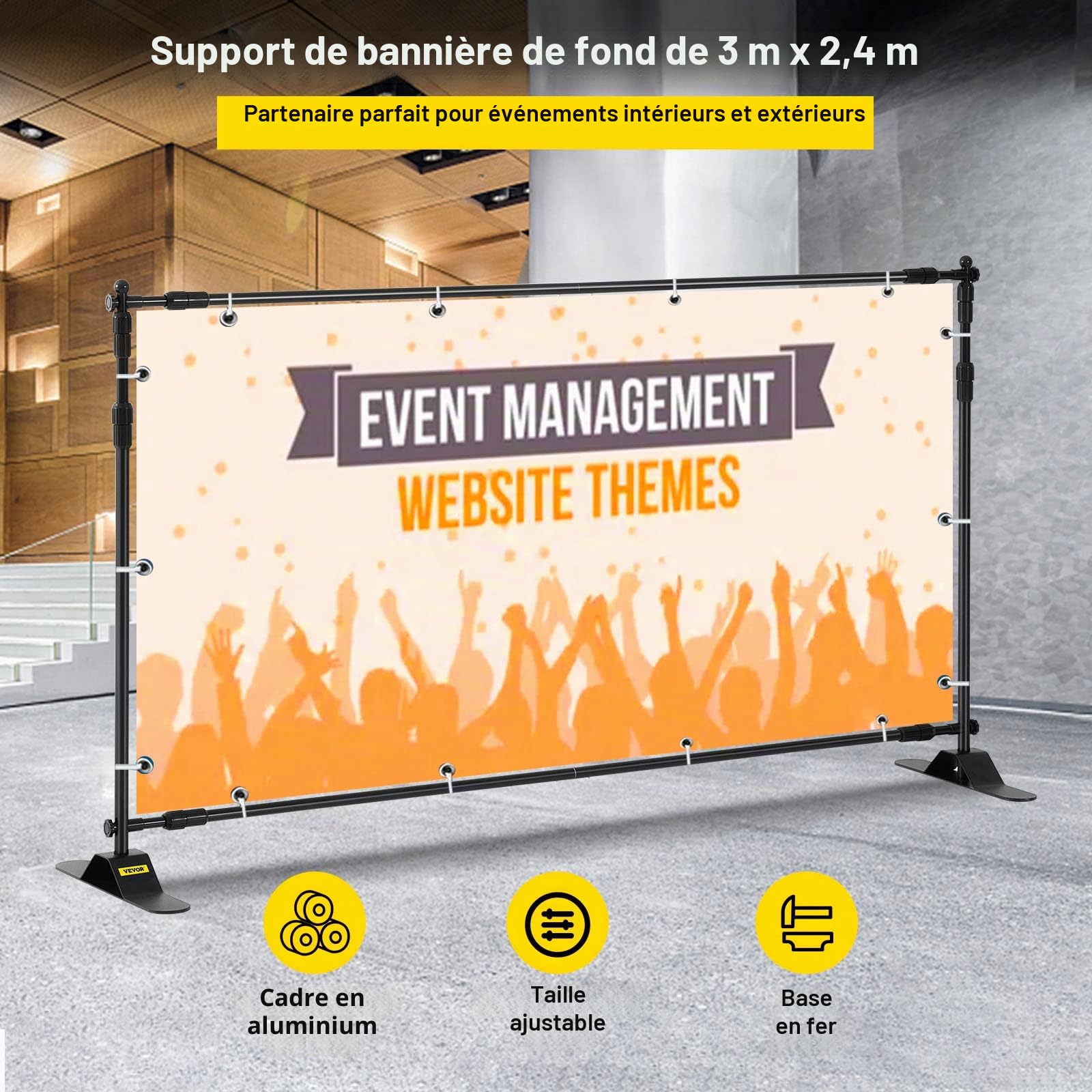 VEVOR Support de Papier Peint Photo 3 m x 2,4 m, Largeur réglable 66 "- 120" Support de bannière pour Toile de Fond Hauteur 37"- 96" Noir pour Salon Commercial télescopique présentoir