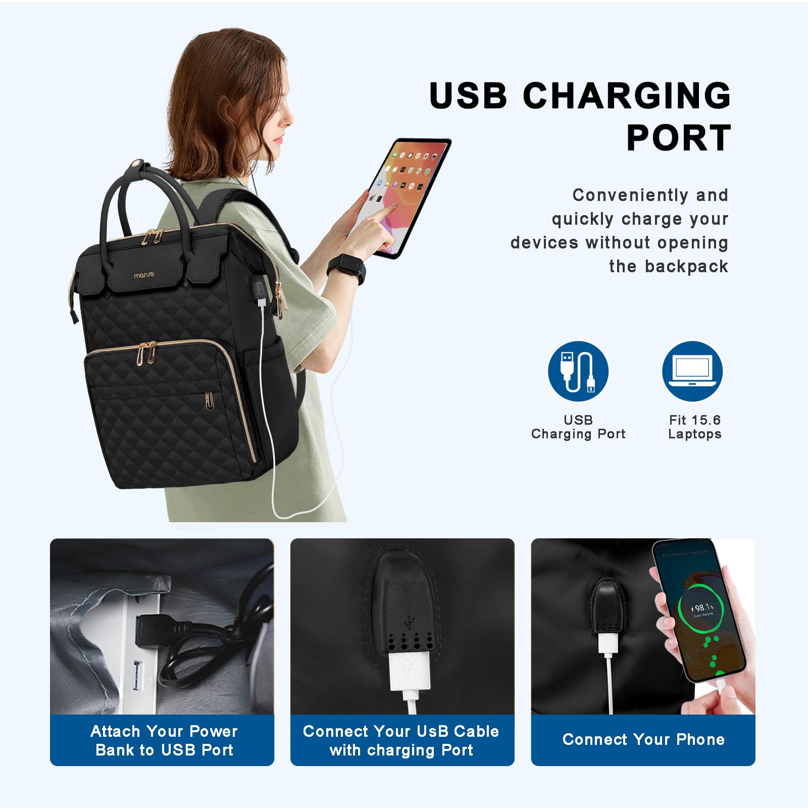 MOSISO 15.6 Pollici Zaino Porta PC Donna e Uomo,Borsa Porta Laptop 15-16 Pollici,Trapuntato a Rombo Approvato il Volo Viaggio con Maniglia Pu,Zaino con Porta USB Universita,Lavoro e Affari, Nero