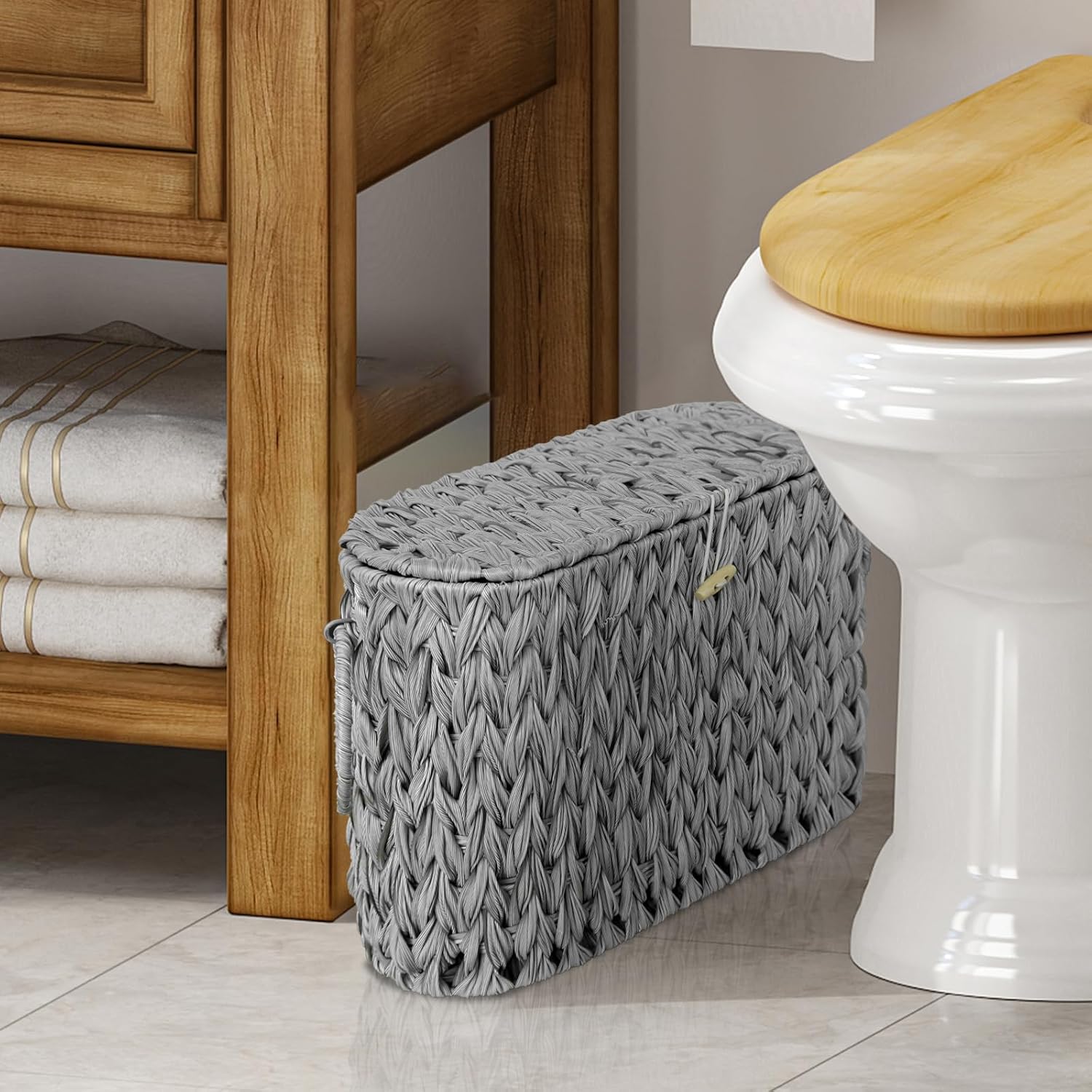 Toilet Paper Storage Basket with Lid,Wicker Toilet Paper Holder Stand,Narrow Decorative Woven Bathroom Basket Organizer,Free Standing Grey - Image 8
