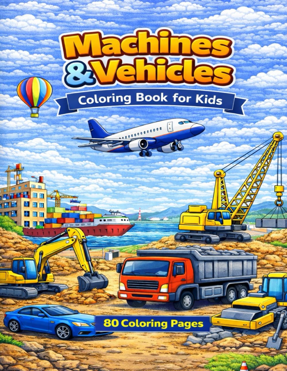 Machines and Vehicles Coloring Book for Kids: 80 Pages