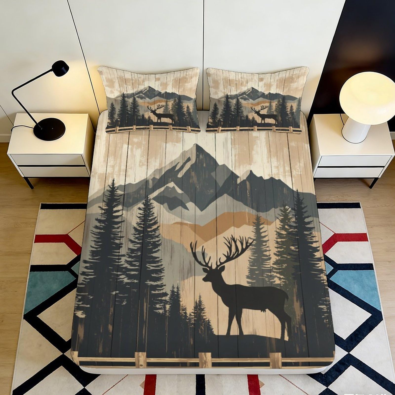 3D Printed Mountain Forest Fitted Sheet Microfiber Elk Bed Cover for Bedroom Guest Room Mattress Protection Decor 90x200x25cm