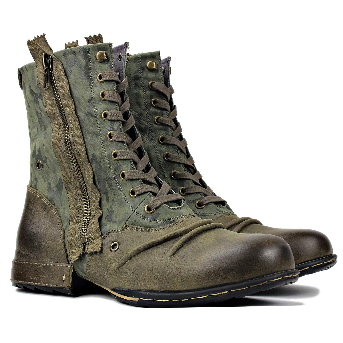 OSSTONE Botas para Moto Botines Hombre de Invierno Piel Zapatos Negras Vestir Nieve Piel Forradas Calientes Planas Combate Militares Cremallera Boots OS-5008-8-H-Green