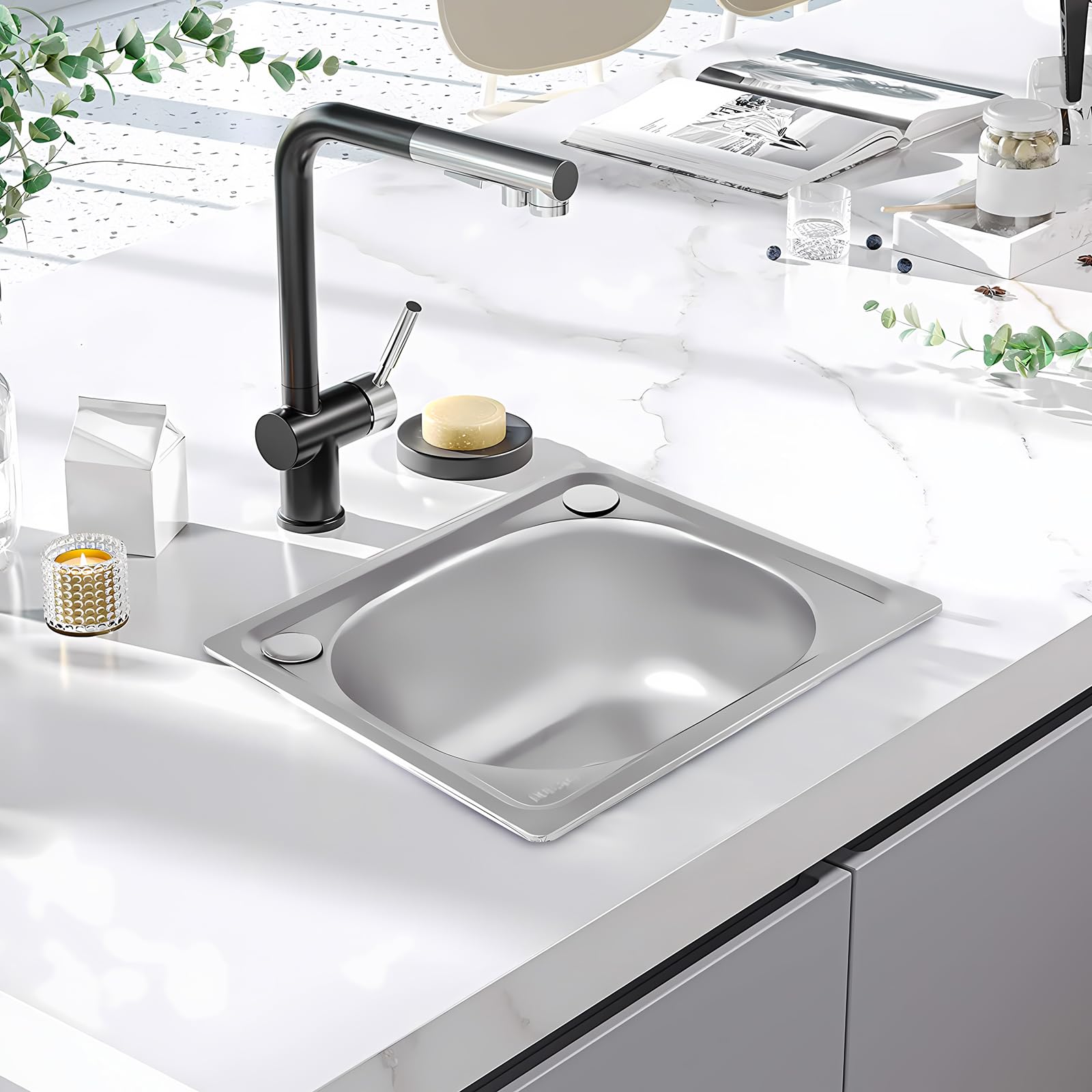 Évier de Cuisine à Encastrer 14,57inchx12,20inch Évier de lavabo rectangulaire 1 Bac, Evier Inox avec Filtre de Vidange, Argenté