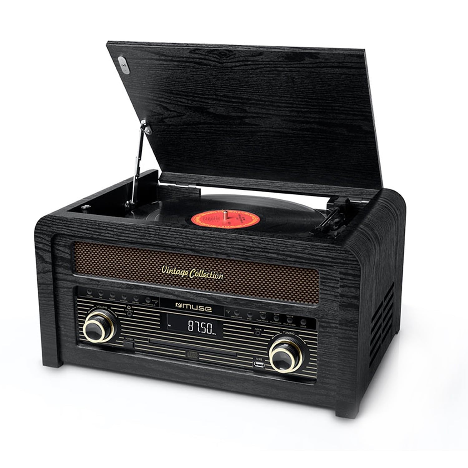 Bmi Platine Vinyle Muse MT-115W, Micro-Chaîne Radio FM avec 30 Stations préréglées, Stéréo 33/45/78 Tours, CD, Puissance 20W