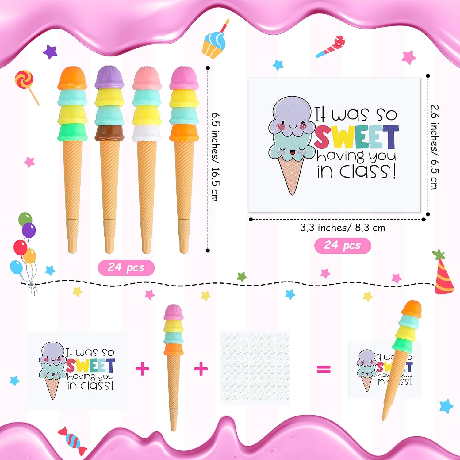 Geyoga 24 Sets End of Year Gift, Includes 24 Ice Cream Cone Pens Black Ink, 24 Gift Cards and Double Sided Adhesive Dots for End of Term Summer Birthday Party(Cone) image 2
