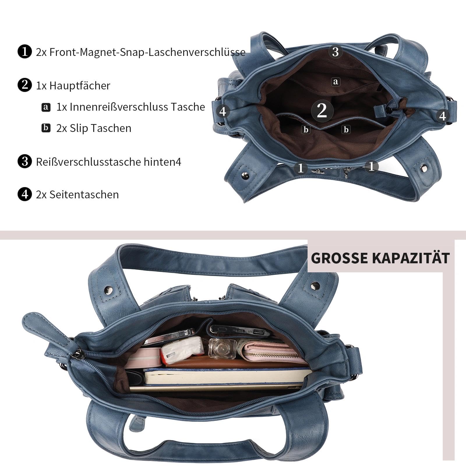 KL928 Handtasche Damen Umhängetaschen große Damenhandtasche Schultertasche gemacht aus PU Leder Kunstleder Elegant Damen Tasche für Büro Schule Einkauf mit vielen fächern