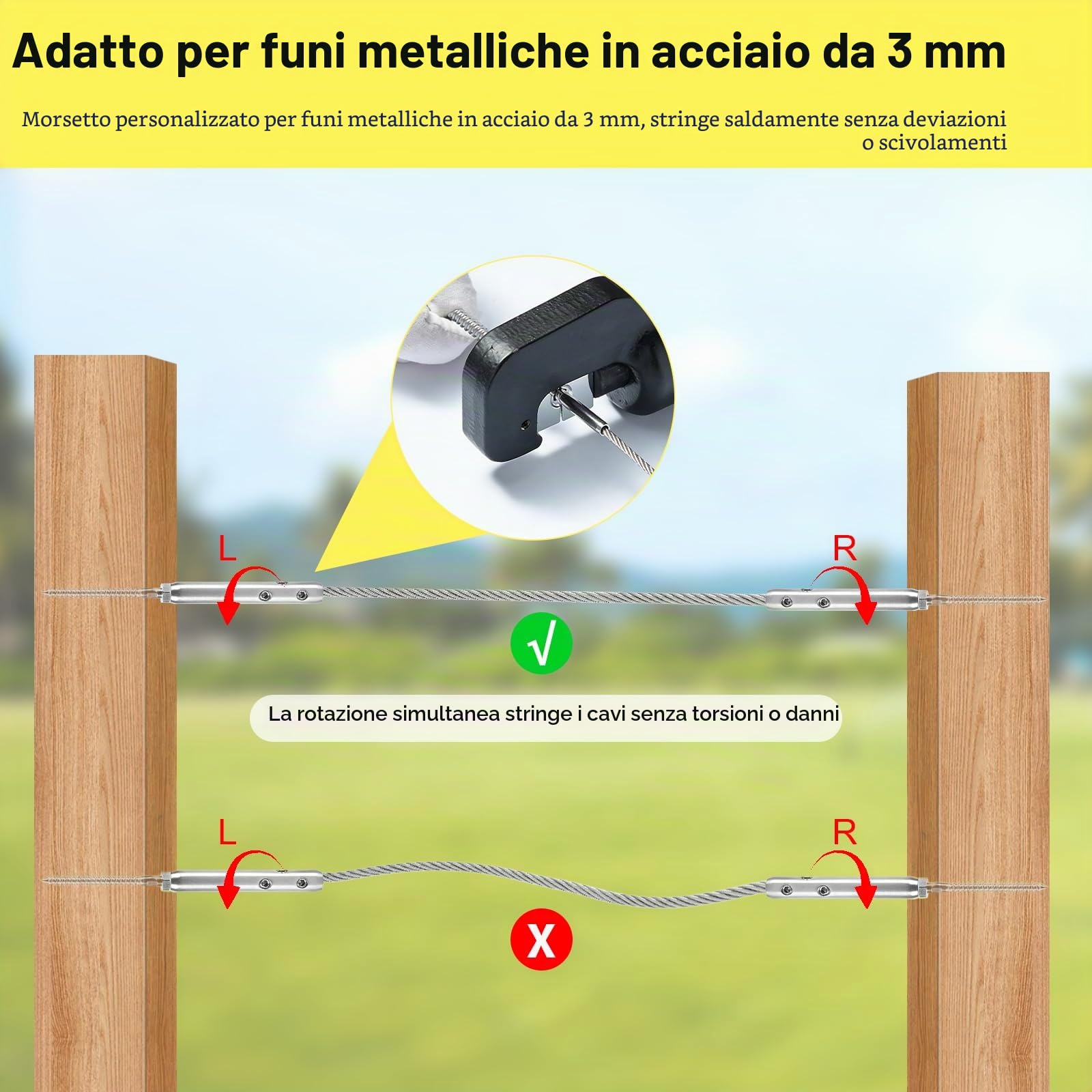 Tendifilo per recinzioni 3 mm Vite di Tensionamento in acciaio inossidabile T316 Set per fissaggio cavi e ringhiere – 10 Filettature destrorse e 10 Sinistrorse (20 pezzi)