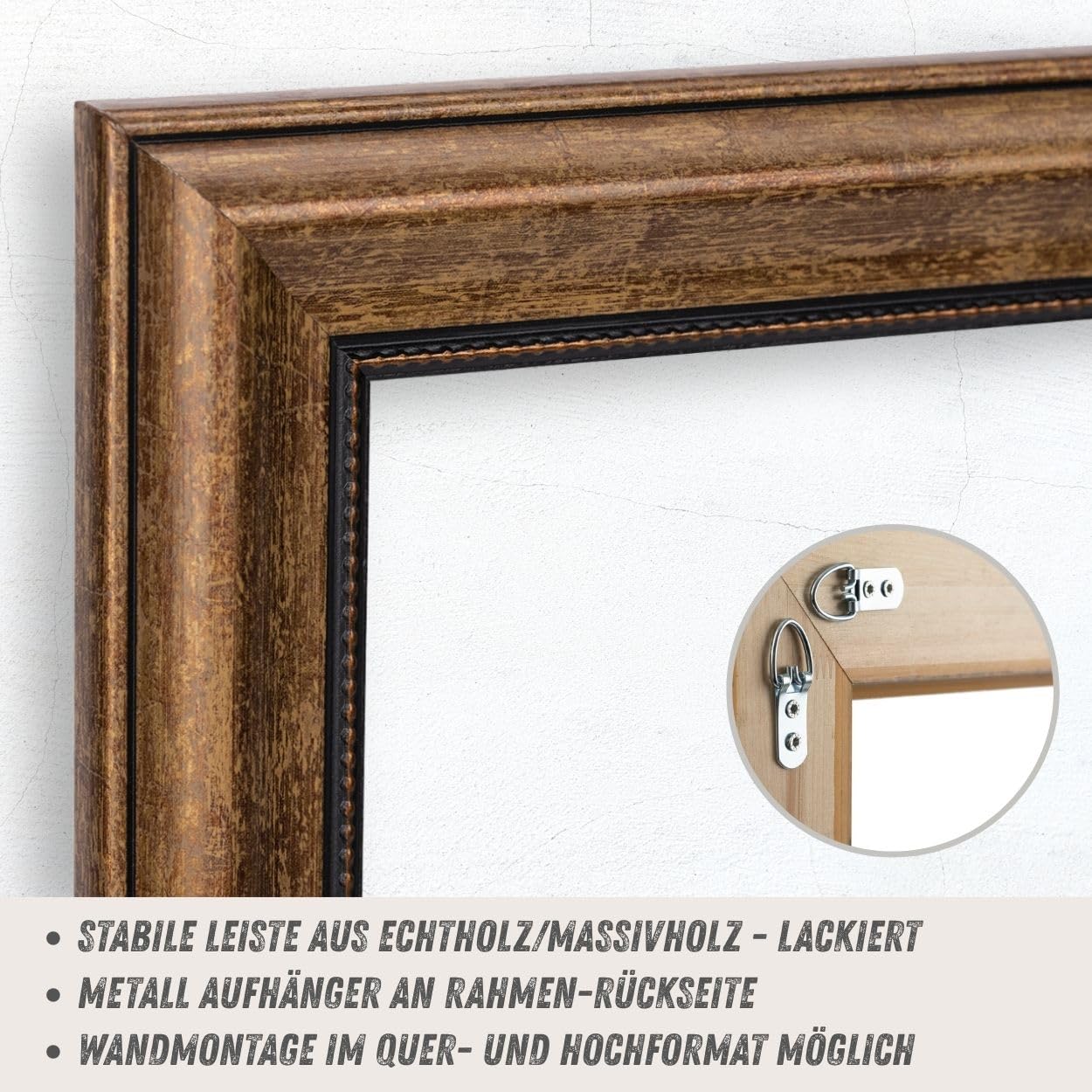 N°67 Barock Bilderrahmen 50x70 cm Bildmaß, Braun, Massivholz | breite Echtholz-Profilleiste, Acrylglas glasklar & bruchsicher, Vintage-Stil, HDF-Rückwand, Metallaufhänger, handgefertigt