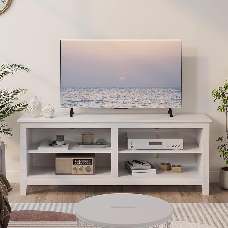 Gyger Modern TV Stand for 65 inch TV, White Wood TV Cabinet with 4 Open Storage Shelves, Fits 50-65 Inch TVs, 55 Inches W x 15 Inches D x 22.8 Inches H image 6