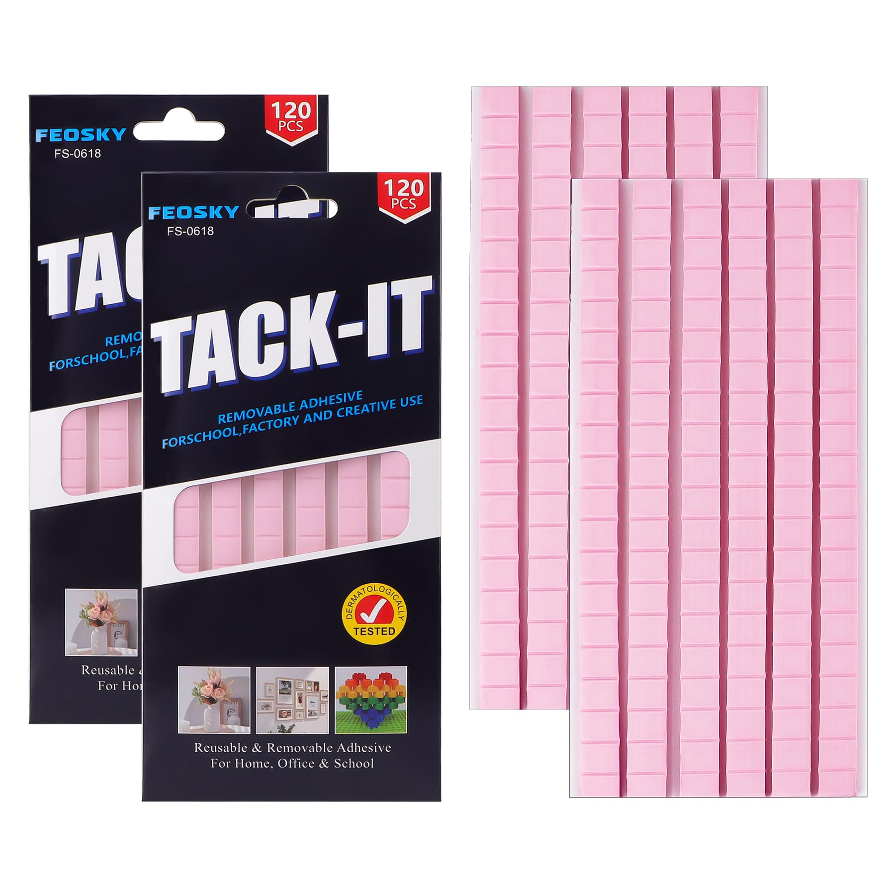 Feosky 240PCS Pink Repositionable Adhesive Putty, Synthetic Rubber, Medium to Low Viscosity, For Poster, Nail Art, Photo, Party Decoration, Office, Home, School, Industry