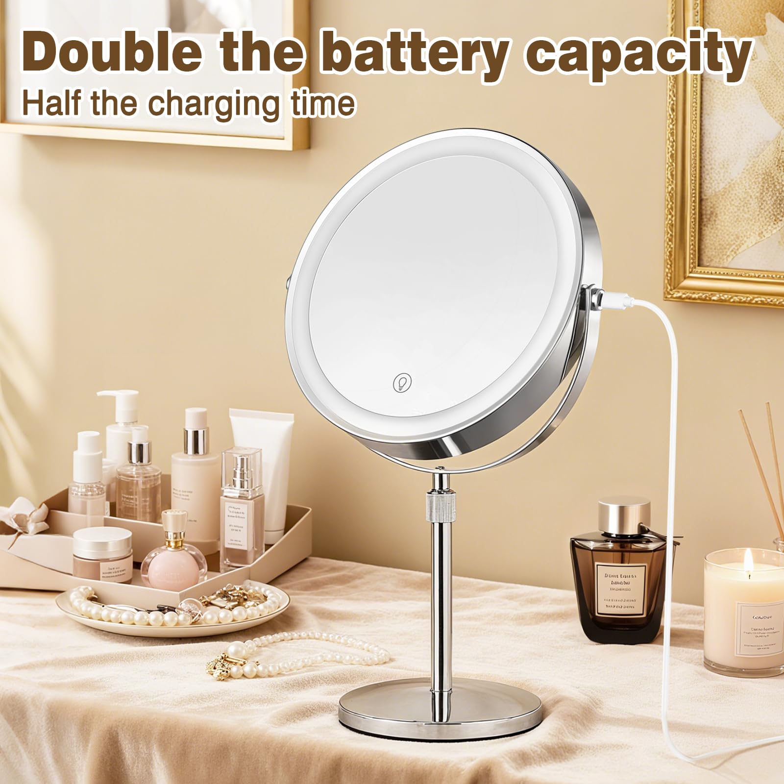 Espejo de Maquillaje Iluminado Ajustable de 9 Pulgadas de Altura con Aumento de 10 aumentos, Espejo de tocador Recargable de 360° de Doble Cara con 3 Modos de Color, Brillo táctil Regulable para baño