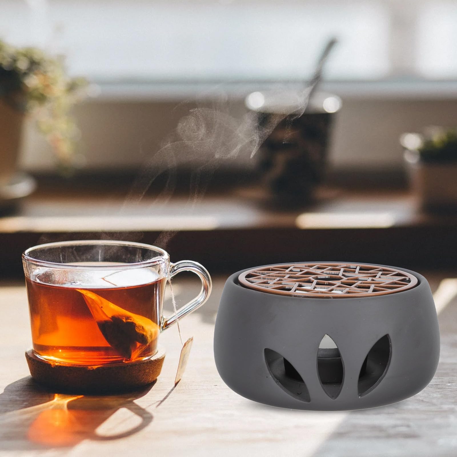 iplusmile Calentador de Tetera Japonés Compacto Base Cerámica Resistente para Calentar Té Hogar Herramienta Funcional para Uso Diario sin Vela Conjunto Negro y Almohadilla Púrpura
