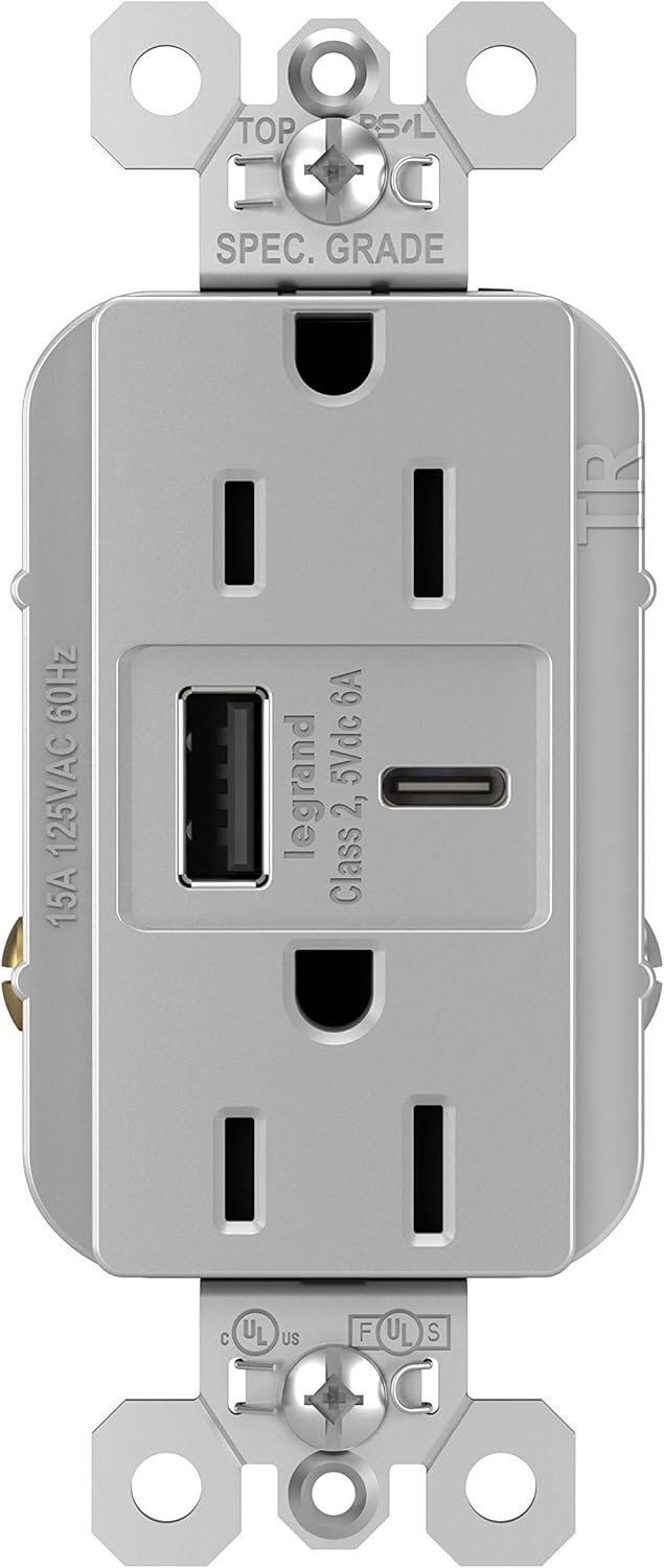 Legrand Pass & Seymour TR15USBAC6GRY 15 Amp Tamper-Resistant Heavy-Duty Specification Grade Decorator Duplex Receptacle Outlet with Ultra Fast USB A/C 6.0A Charging Ports, Gray (1 Count)