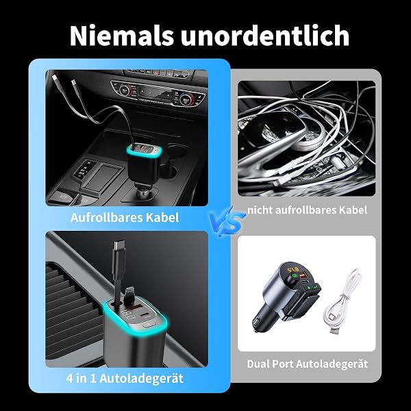 Chargeur de voiture 4 en 1 USB C PD - Chargeur rapide avec câbles rétractables - Adaptateur de voiture compatible avec iPhone 16 Pro Max, Samsung, Xiaomi, iPad, AirPods - 4