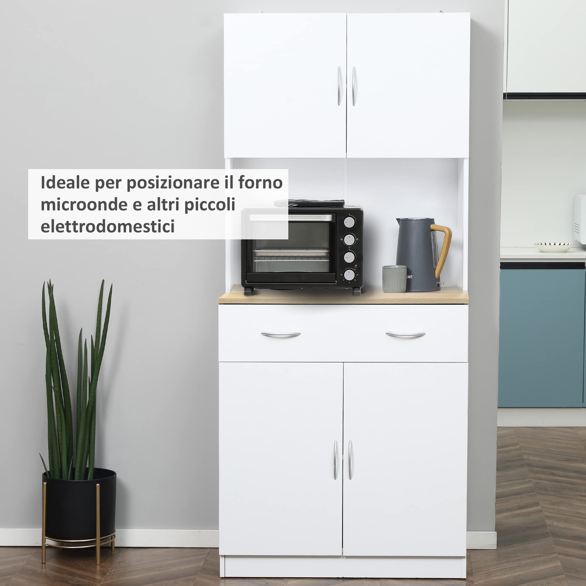 HOMCOM Mobile Cucina Alto 180cm con Armadietti a 2 Ante e Cassetto, Credenza Alta da Cucina in Legno con Ripiani Regolabili, per Cucina, Sala da Pranzo e Soggiorno, 80x40x180 cm, Bianco