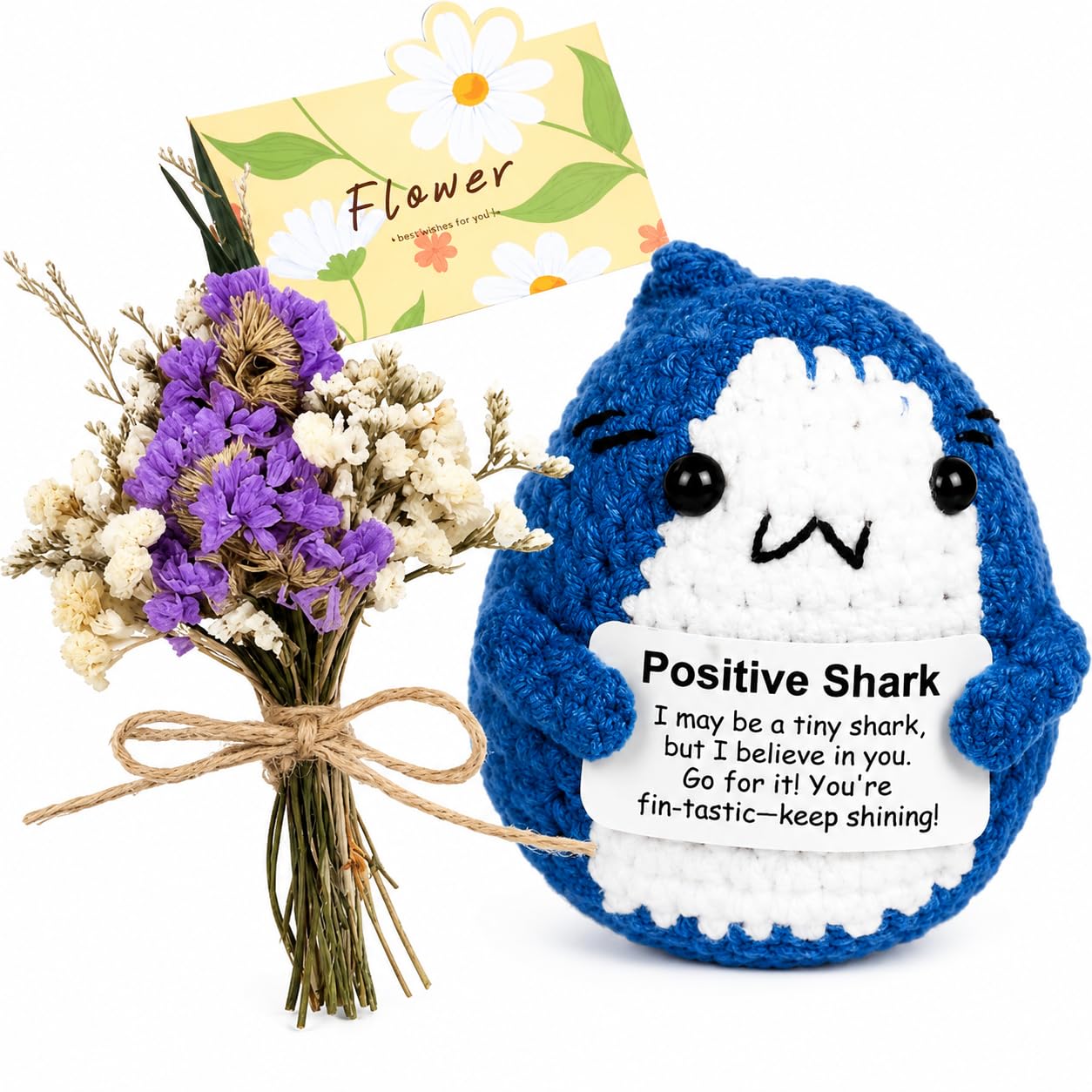 Crochet Shark Teacher Gift Set, Blue Figure, Message Card, Floral Bouquet โ image 1