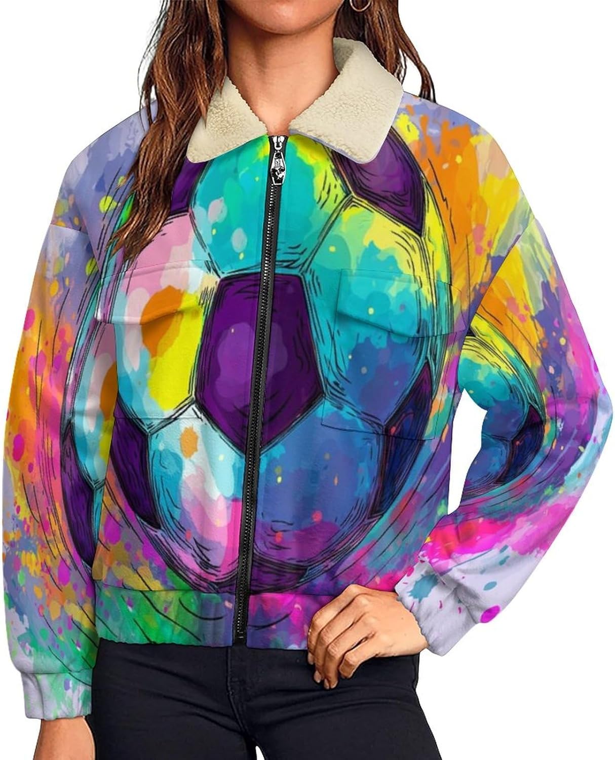 Women Winter Sherpa Lined Fleece Jacket, Long Sleeve Zip Up Color Football Fuzzy Coats Warm Soft Polar Outwear